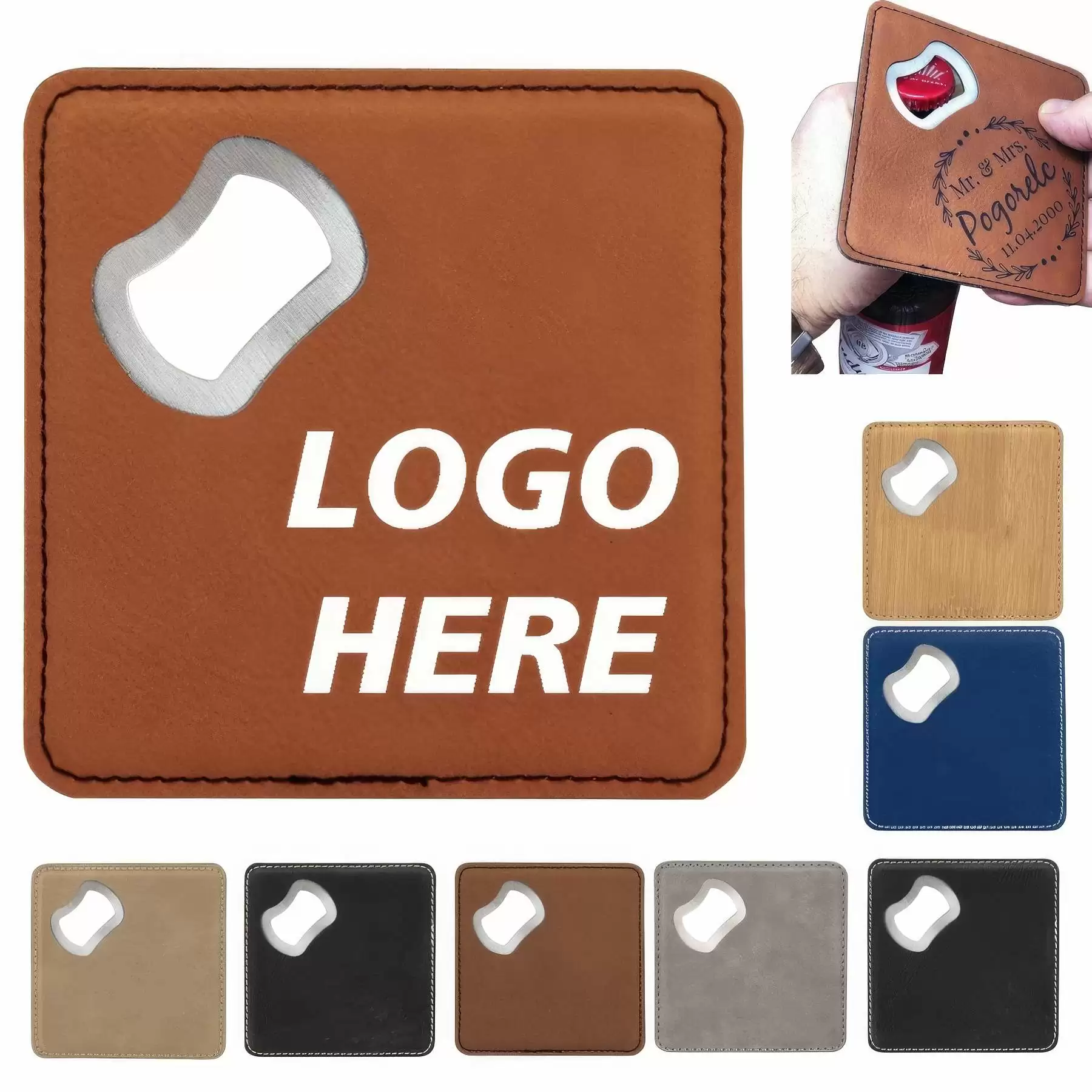 Custom 4 Inch Imitation Leather Coaster and Bottle Opener