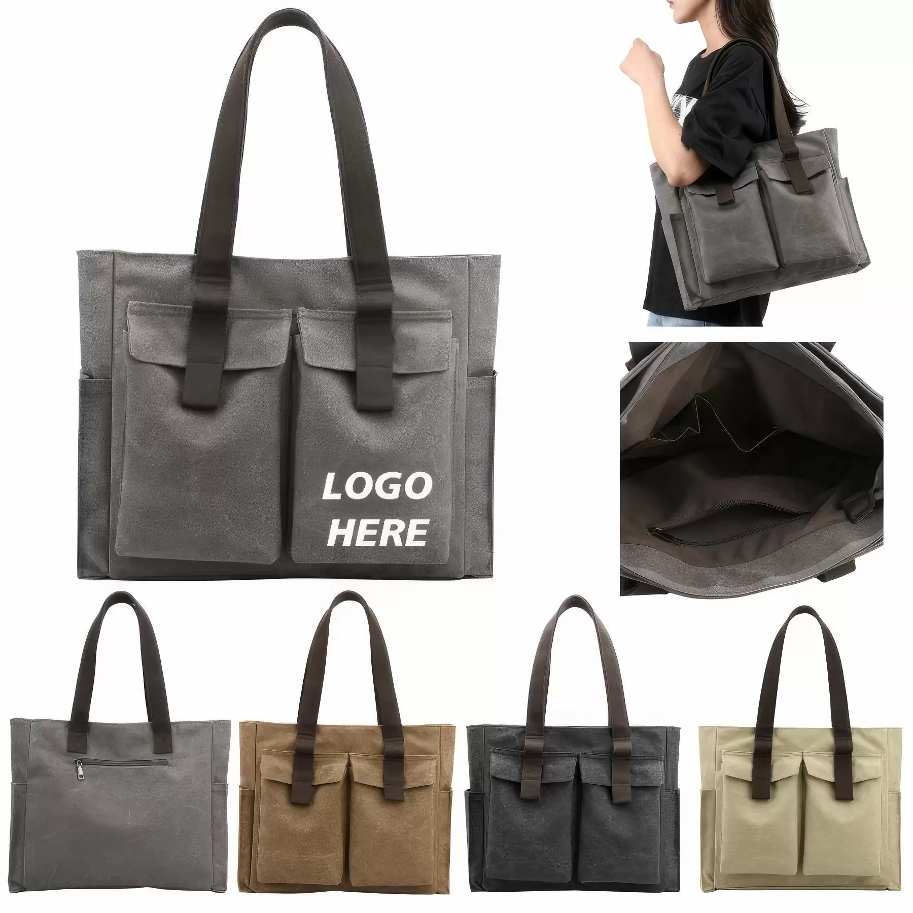 Custom Canvas Laptop Tote Bag with 2 Front Pockets