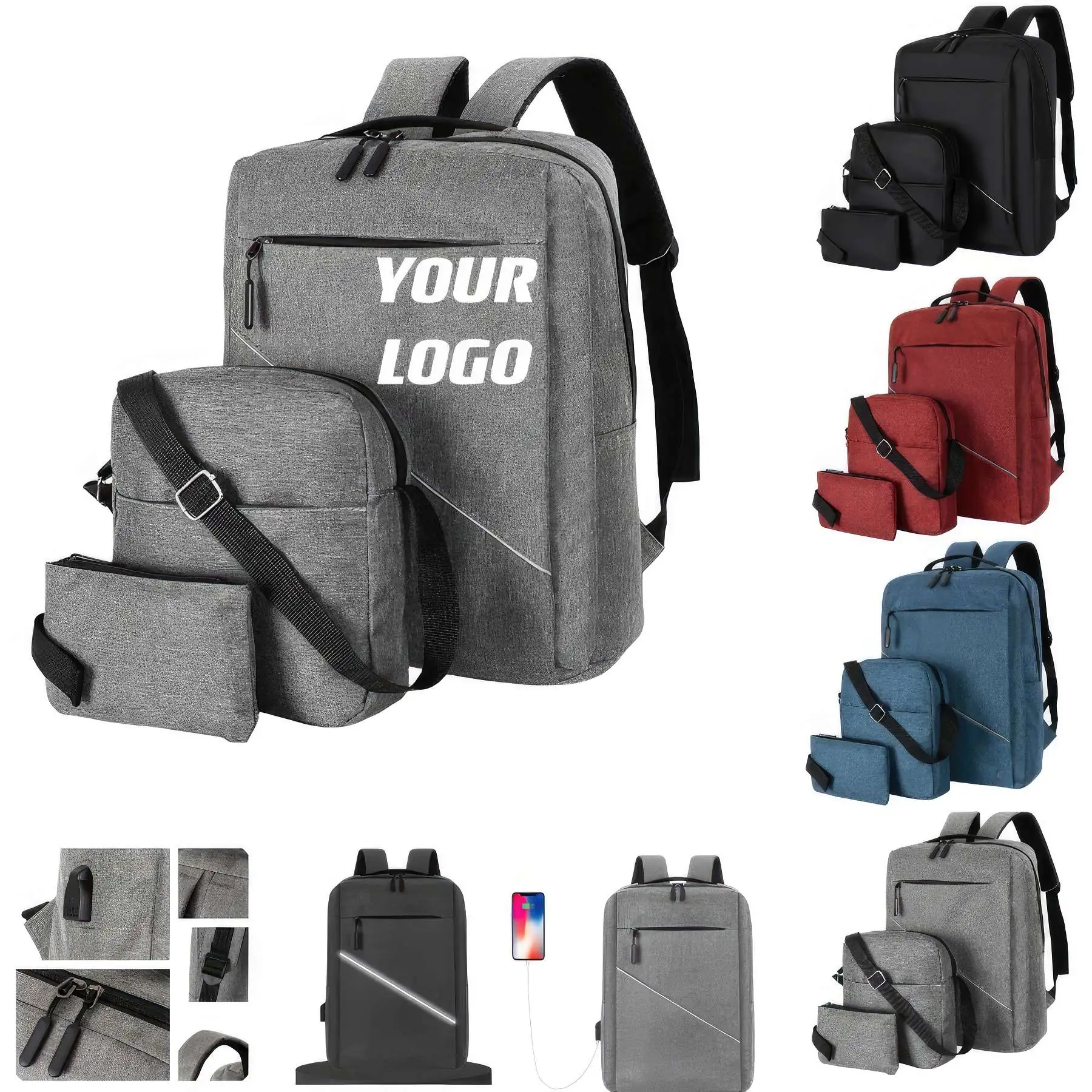 Three-Piece Casual Laptop Backpack With USB Charge Port