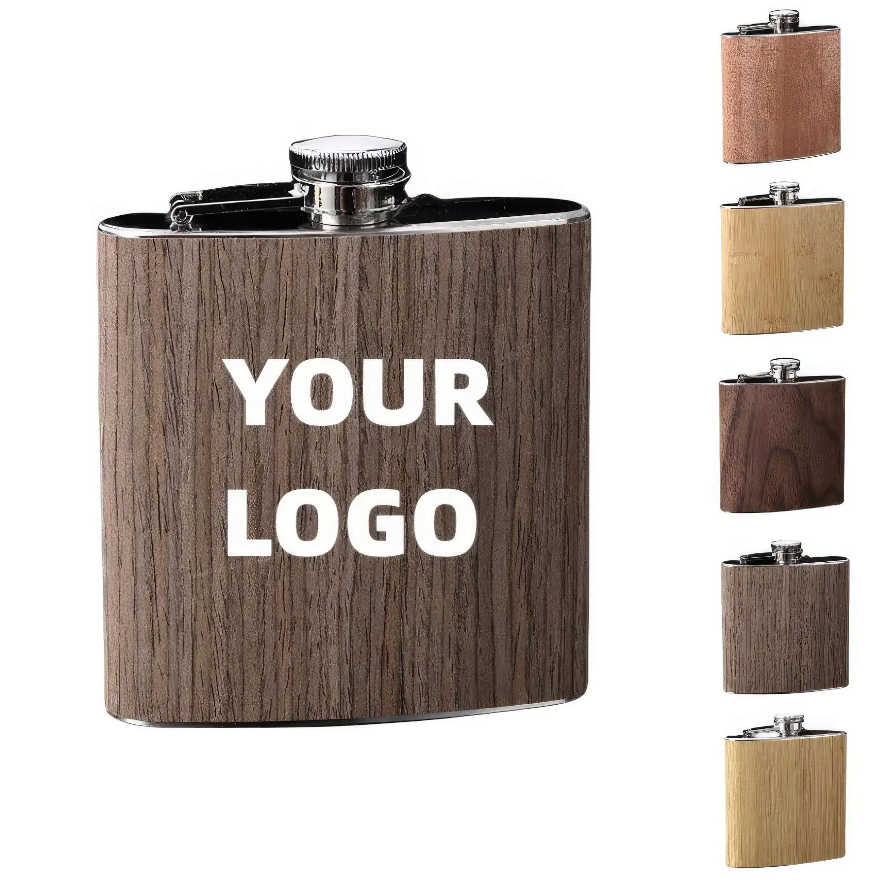 Custom 6 oz Wood Grain Stainless Steel Liquor Flask