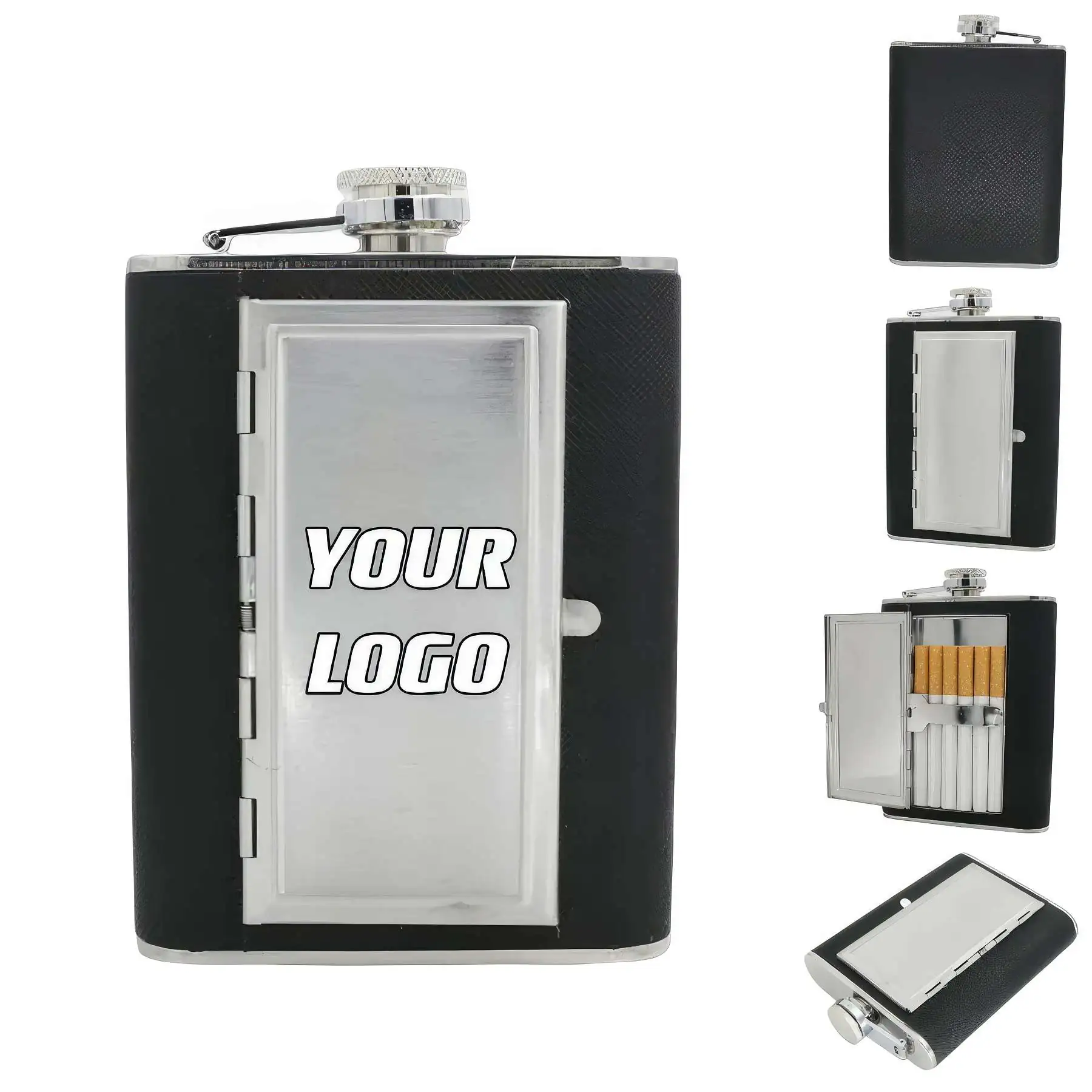 5 / 6 oz Stainless Steel Liquor Flask With Cigarette Case - Size: 5 oz