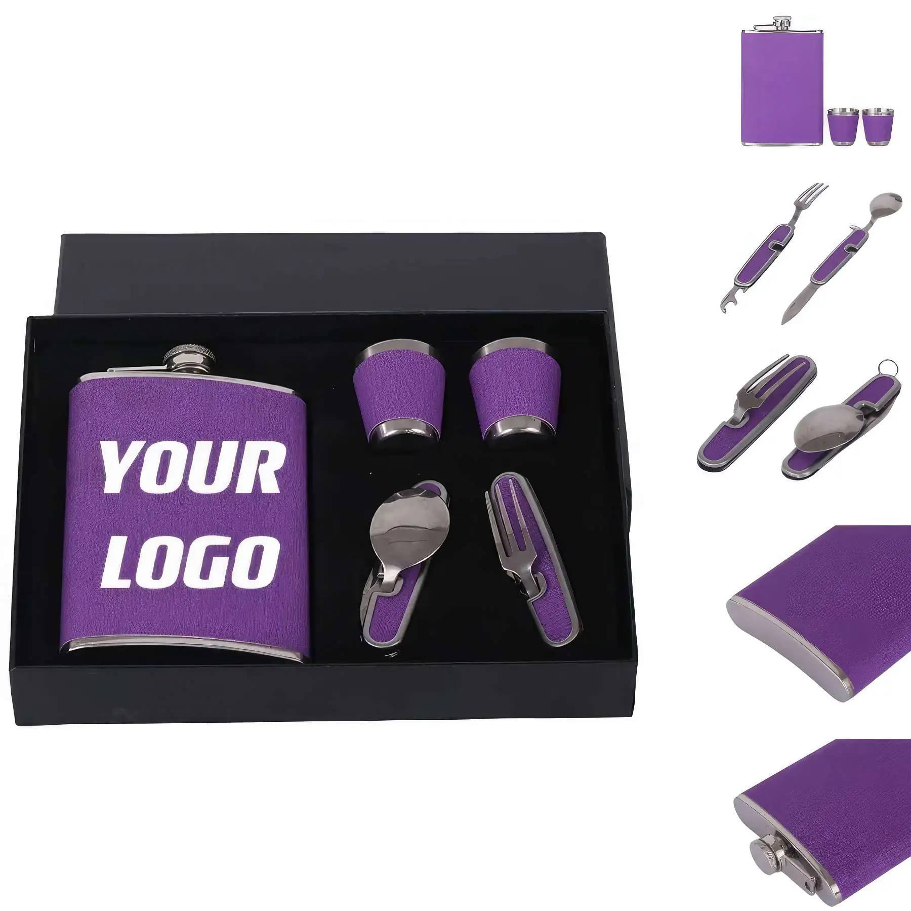 9 oz Hip Flask Gift Set With Folding Knives & Forks