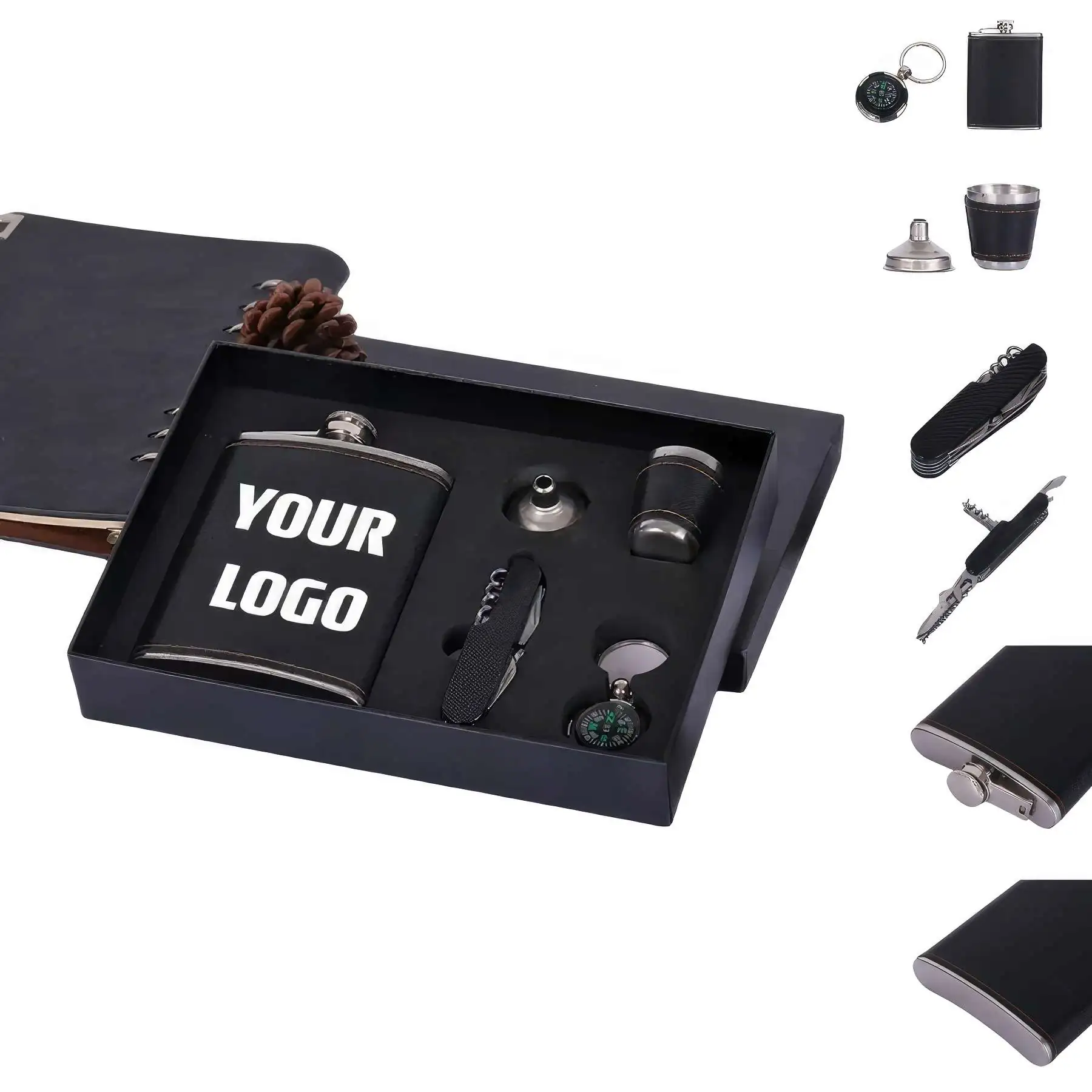 Custom 8 oz Hip Flask Gift Set With Folding Knife