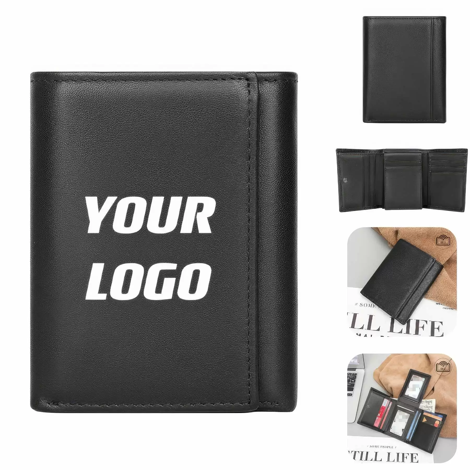 RFID Anti-Theft Function Black Genuine Leather Wallet