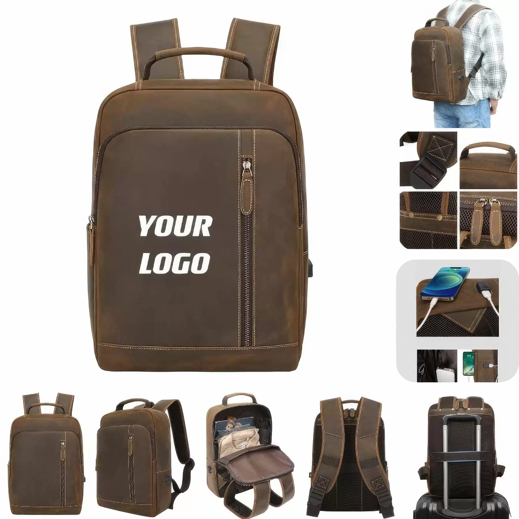 Custom 15 Inch Laptop Backpack Genuine Leather