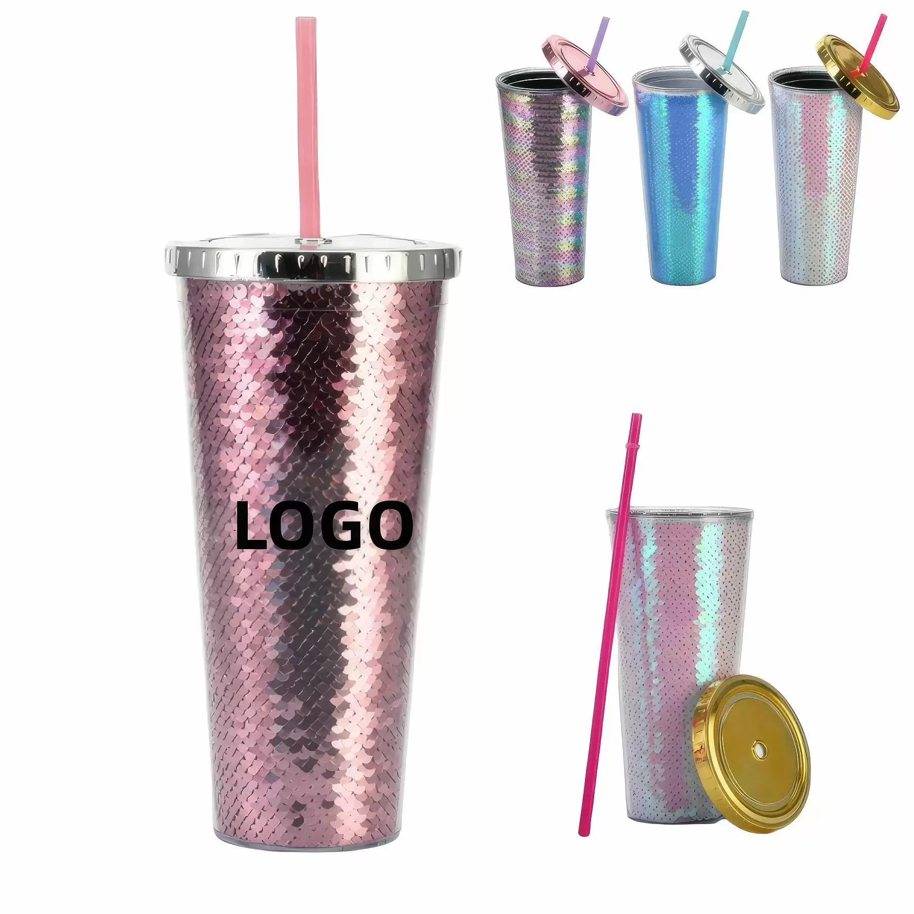 Custom Transparent AS Plastic Sequin Straw Tumbler