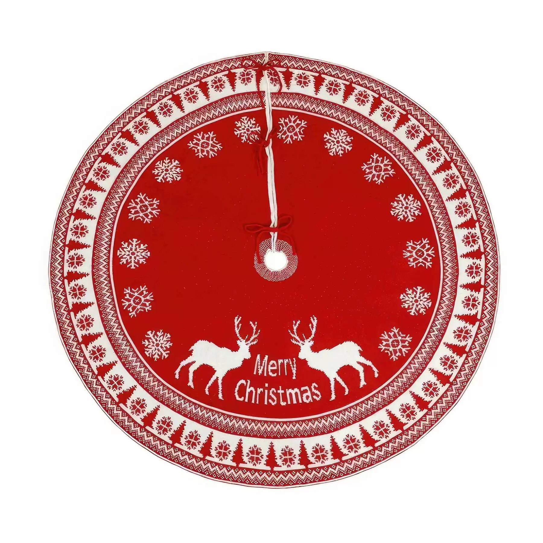Red Knitted Christmas Tree Skirt with Snowflake & Reindeer - Image 2