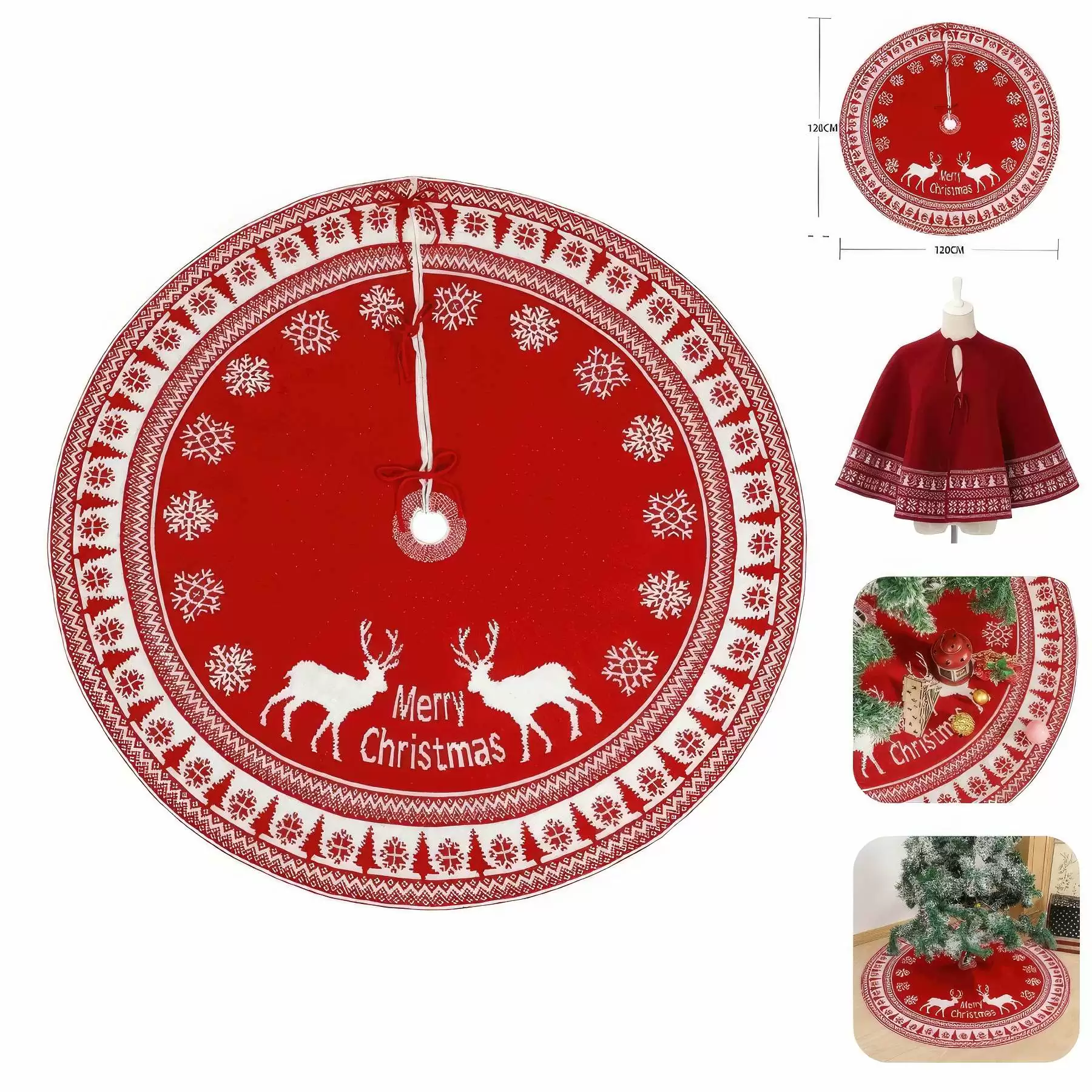 Red Knitted Christmas Tree Skirt with Snowflake & Reindeer