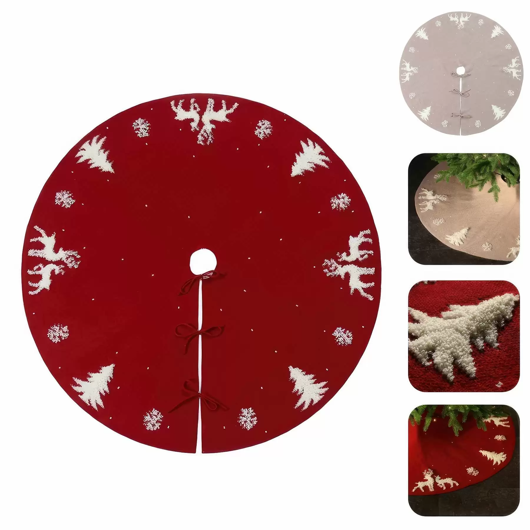 Red Knitted Christmas Tree Skirt with Snowflake & Reindeer