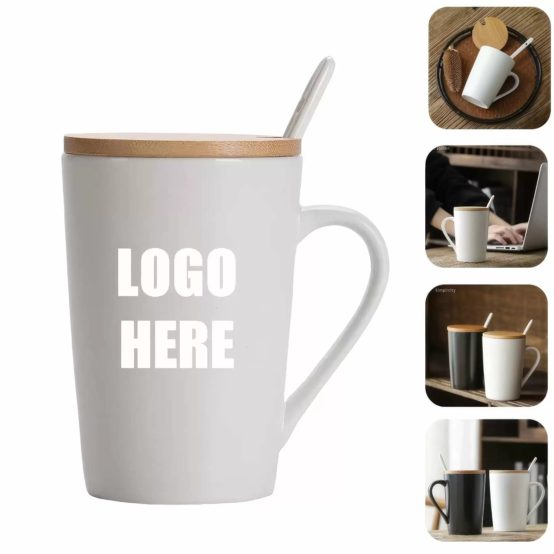 Custom Ceramic Coffee Mug With Bamboo Lid And Spoon