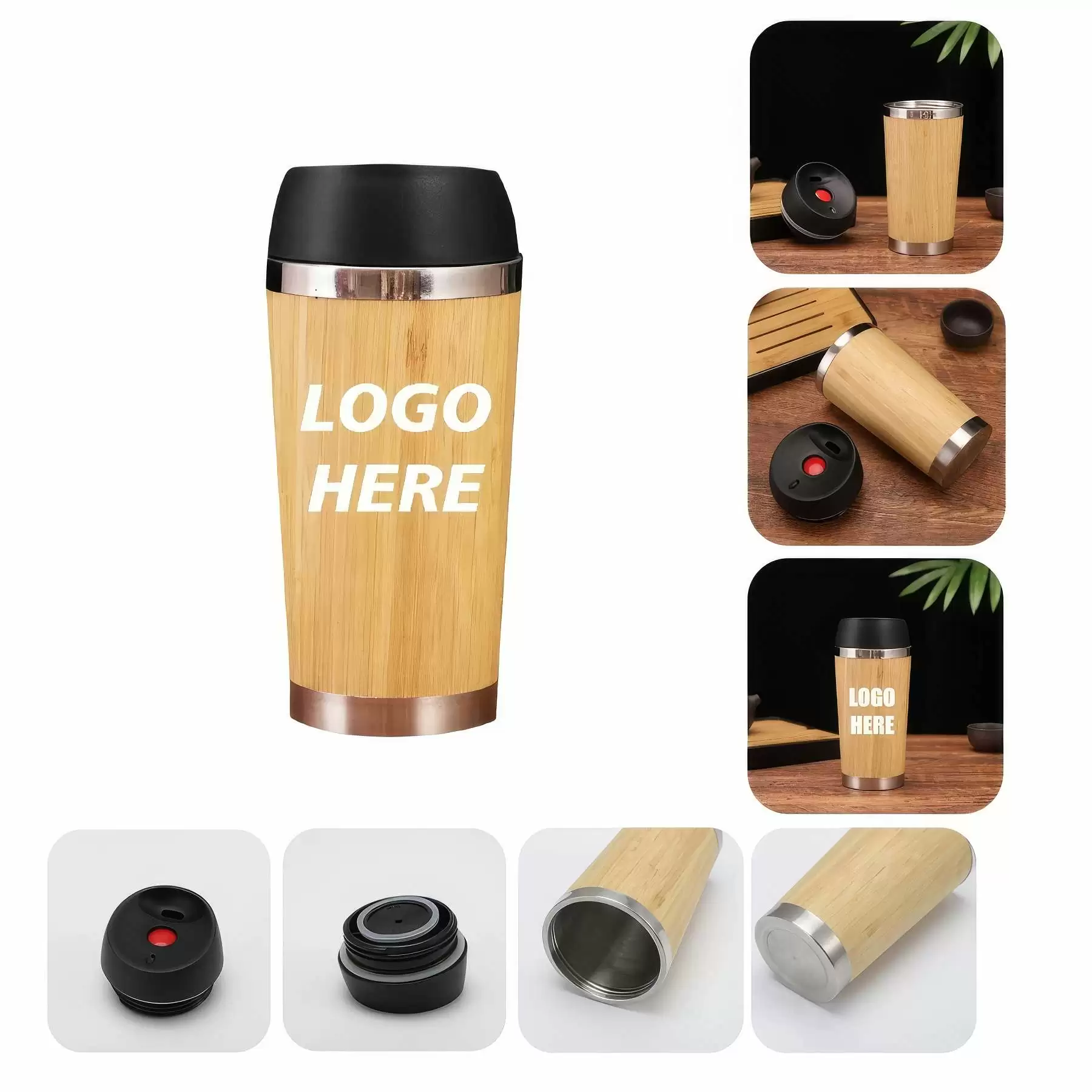 Custom 14 oz Insulated Bamboo Travel Tumbler With Lid