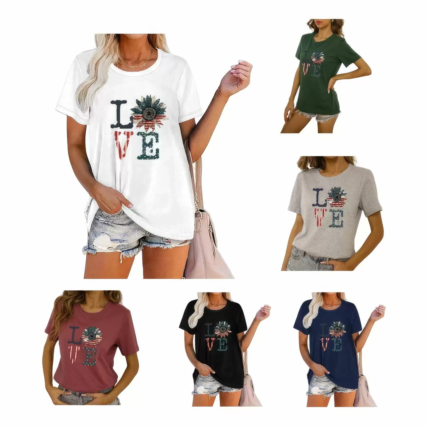 Women American Flag Graphic Short Sleeve Round Neck T-shirt