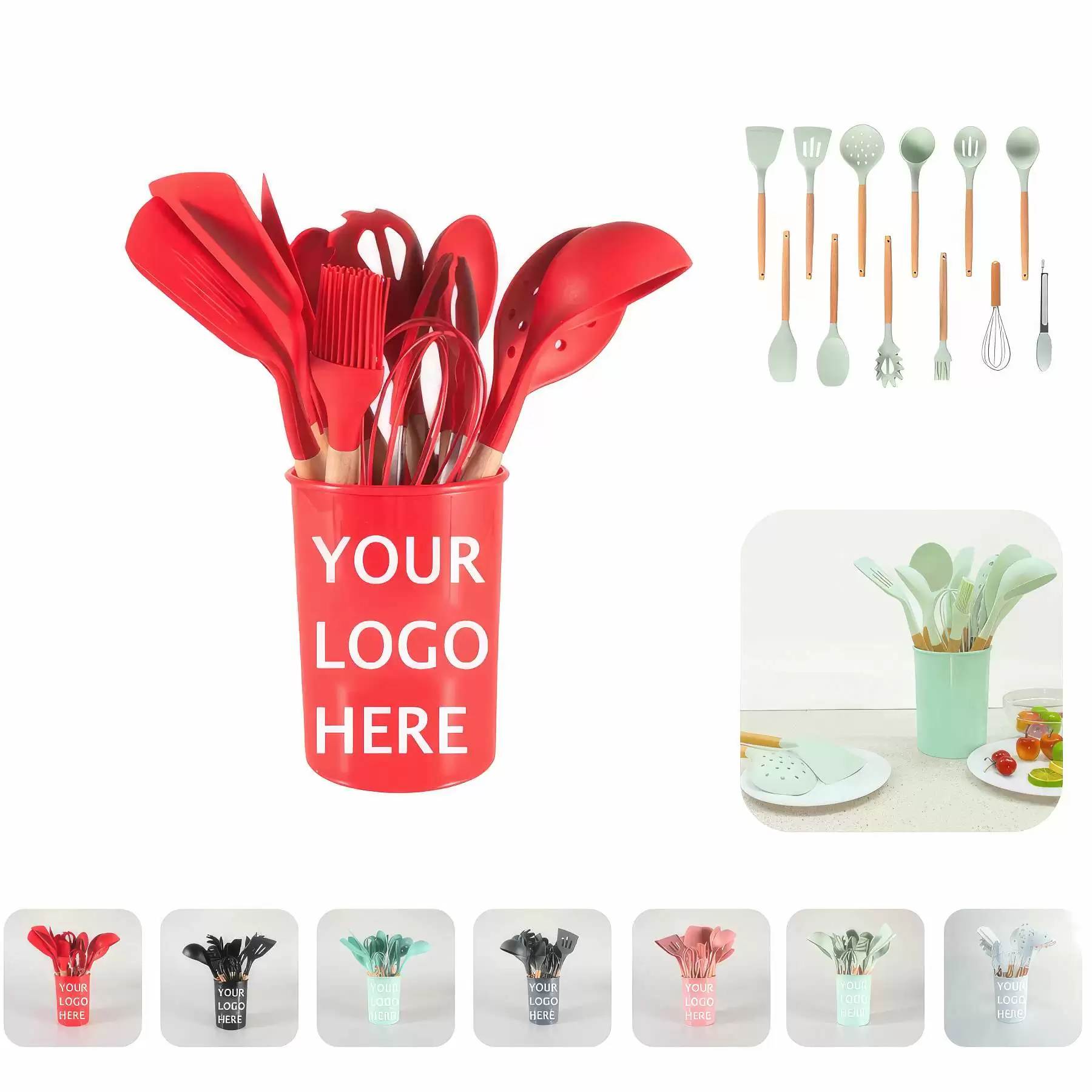 Custom Wooden Handle Silicone Kitchen Utensil Set - 12pcs