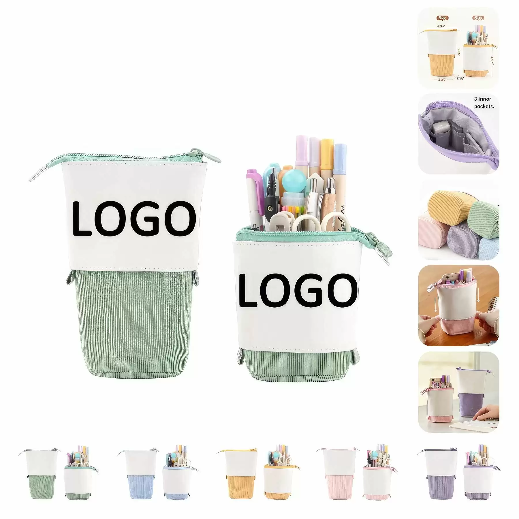 PU & Corduroy Stand-up Retractable Pen Pencil Organizer Bag