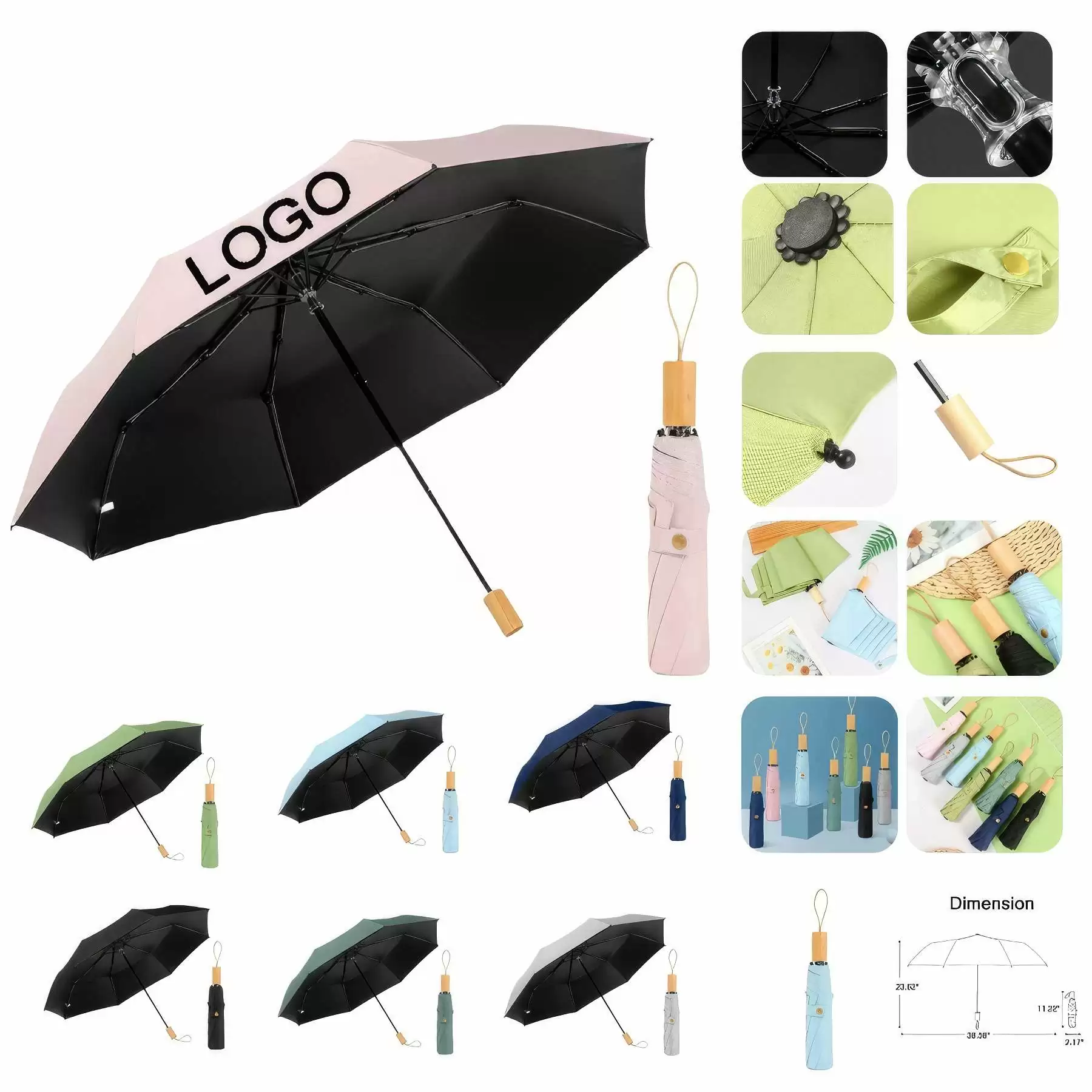 Custom Foldable Sun & Wind Proof Umbrella with Wooden Handle