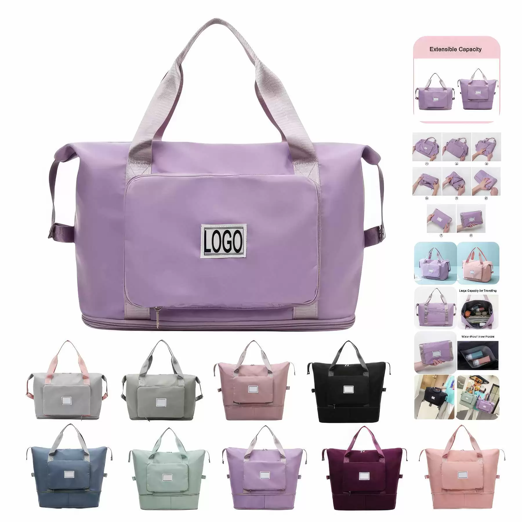 Foldable Travel Sports Tote Handbag & Weekender Duffel Bag