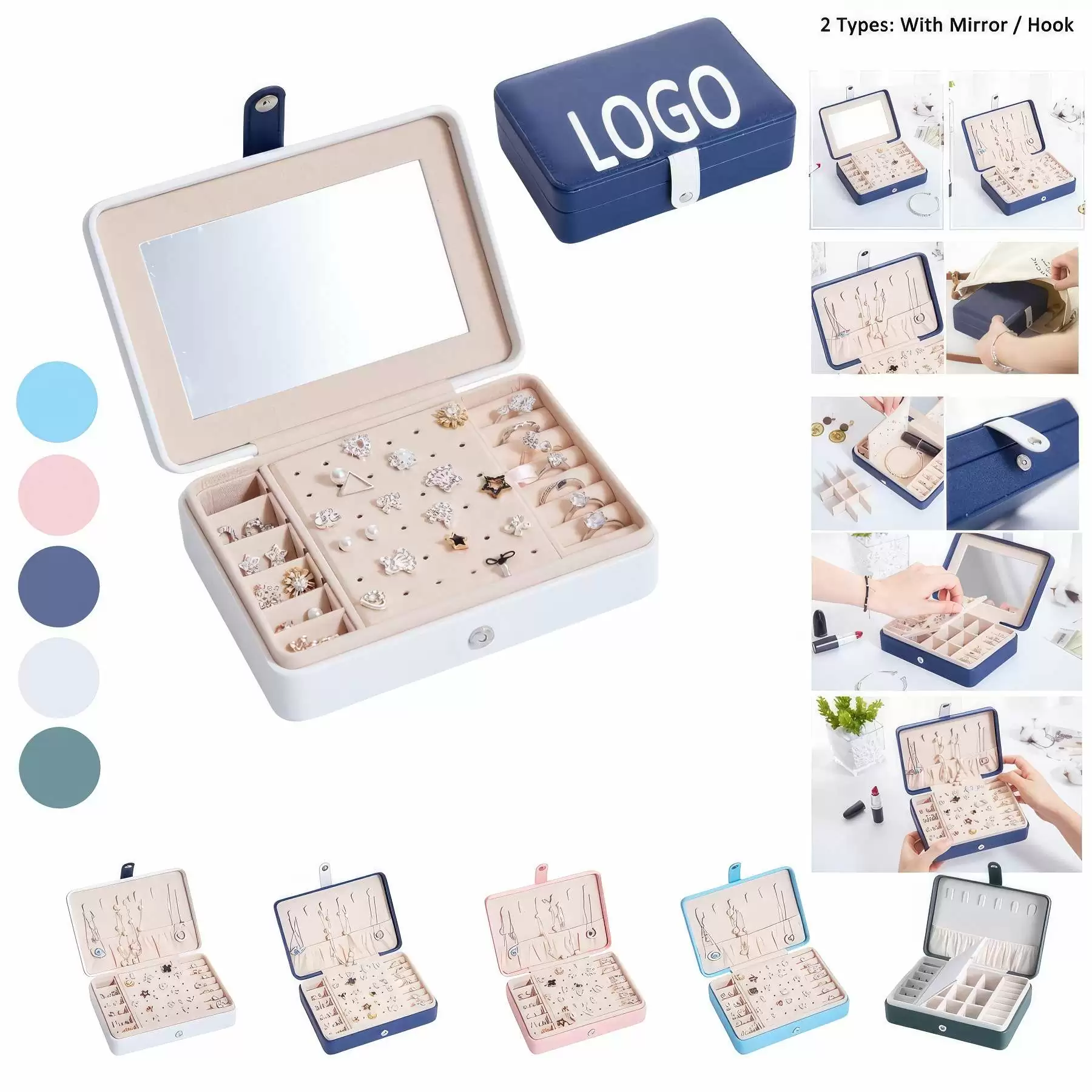 Portable Travel Jewelry Organizer Box with Mirror / Hook