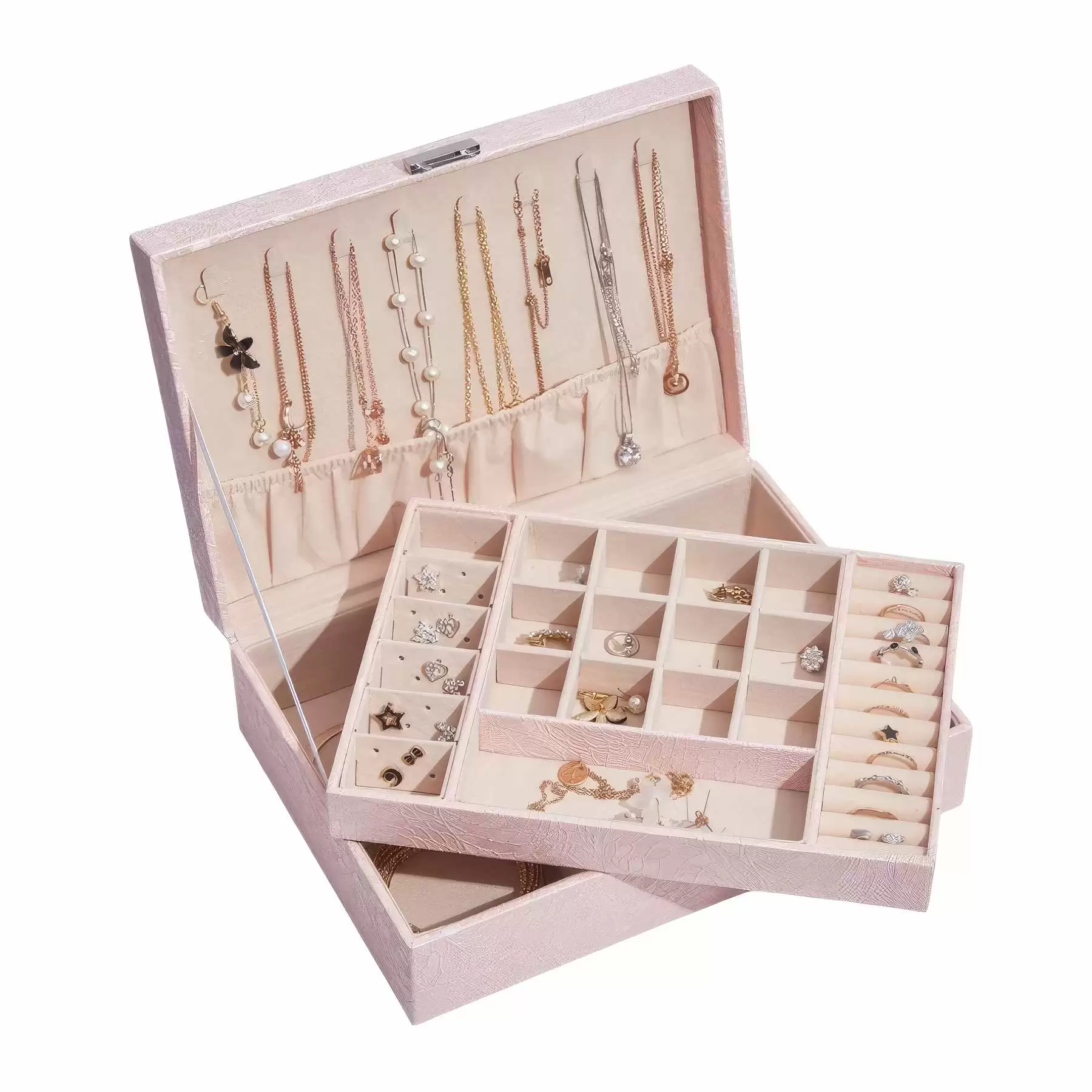 2-Layer PU Jewelry Organizer Box with Lock & Mirror / Hook - Image 2