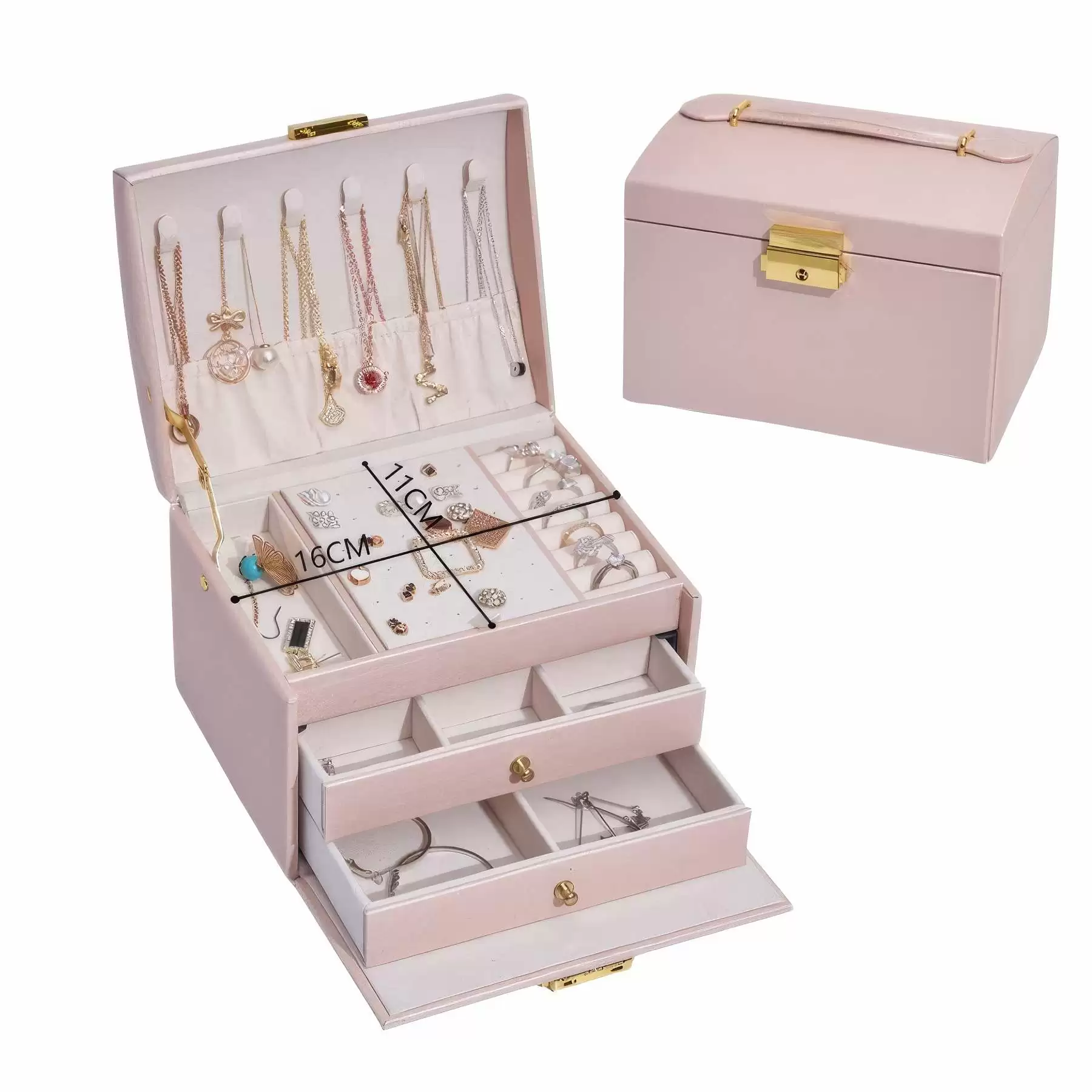 Custom 3-Layer PU Jewelry Organizer Box with Drawer & Handle - Image 2
