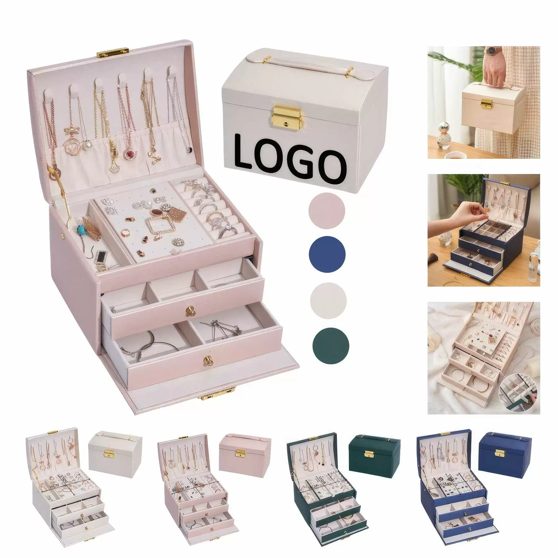 Custom 3-Layer PU Jewelry Organizer Box with Drawer & Handle