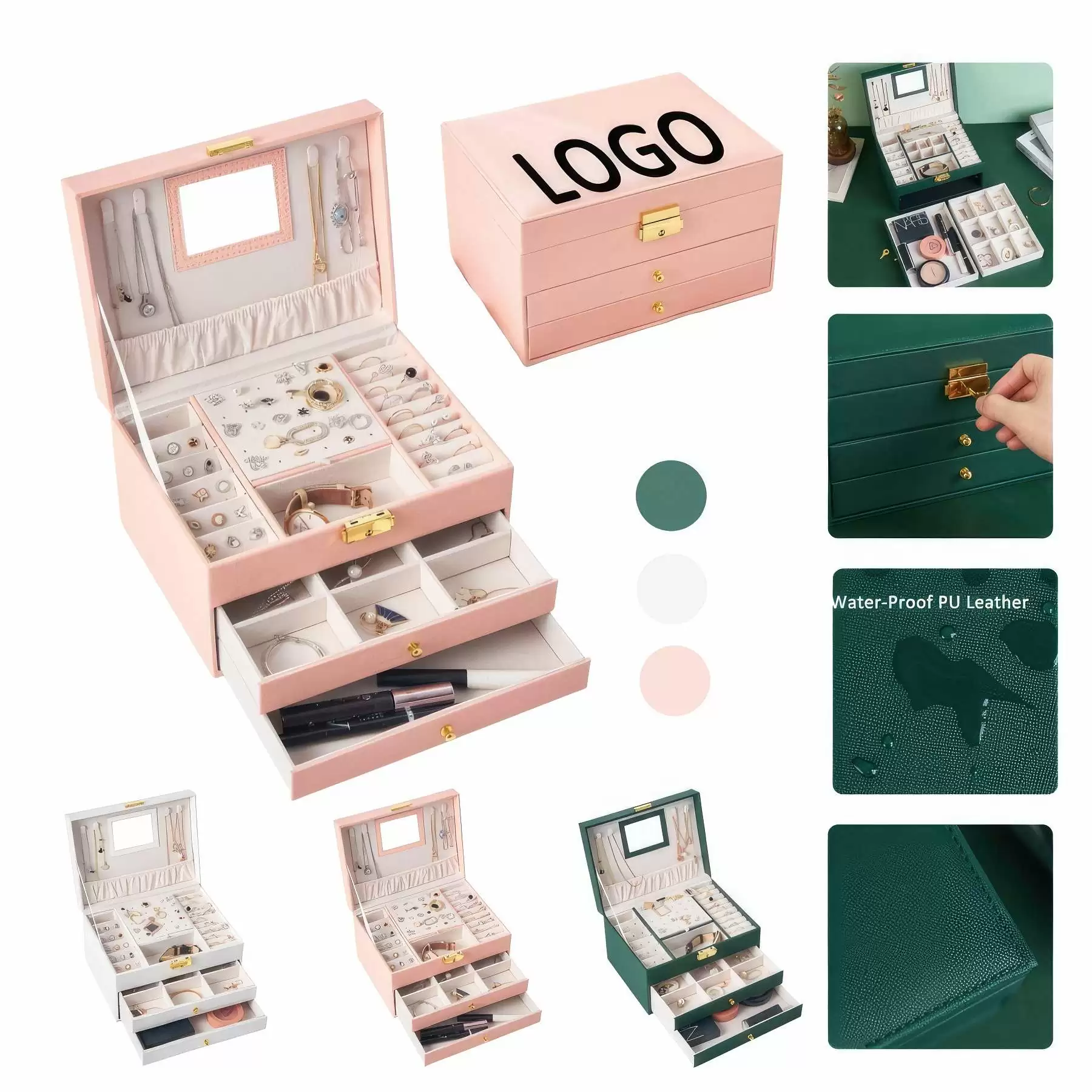 Custom 3-Layer PU Jewelry Organizer Box with Drawer & Mirror