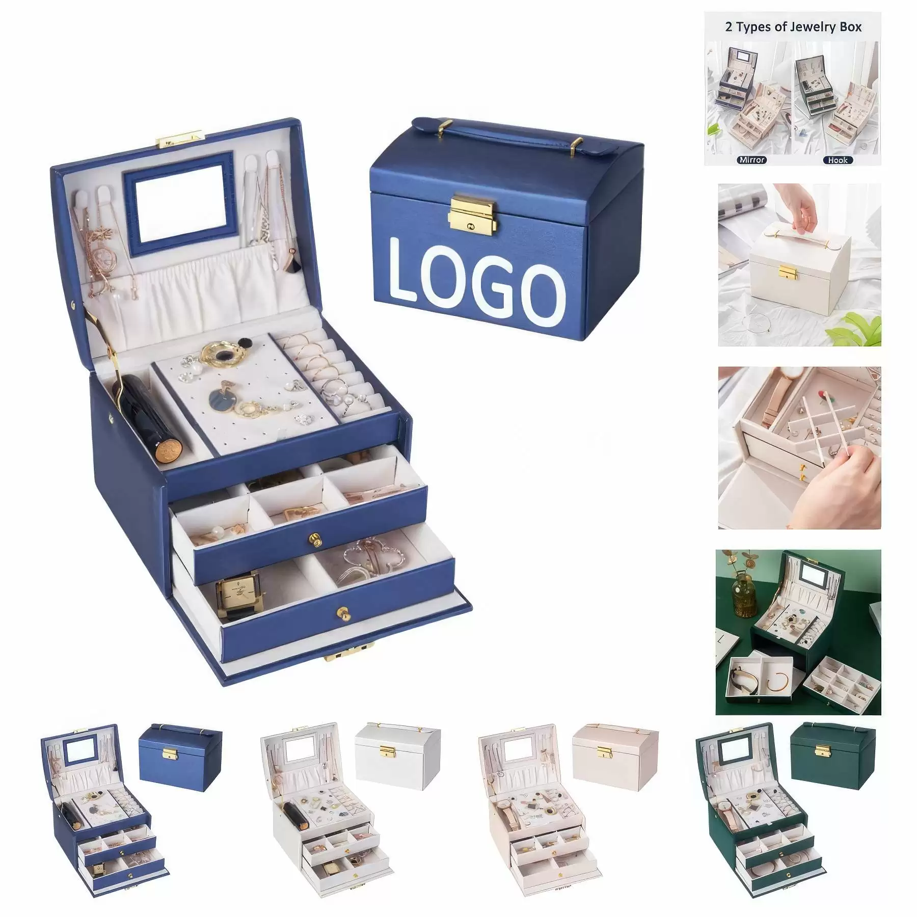 Custom 3-Layer PU Jewelry Organizer Box with Mirror / Hook