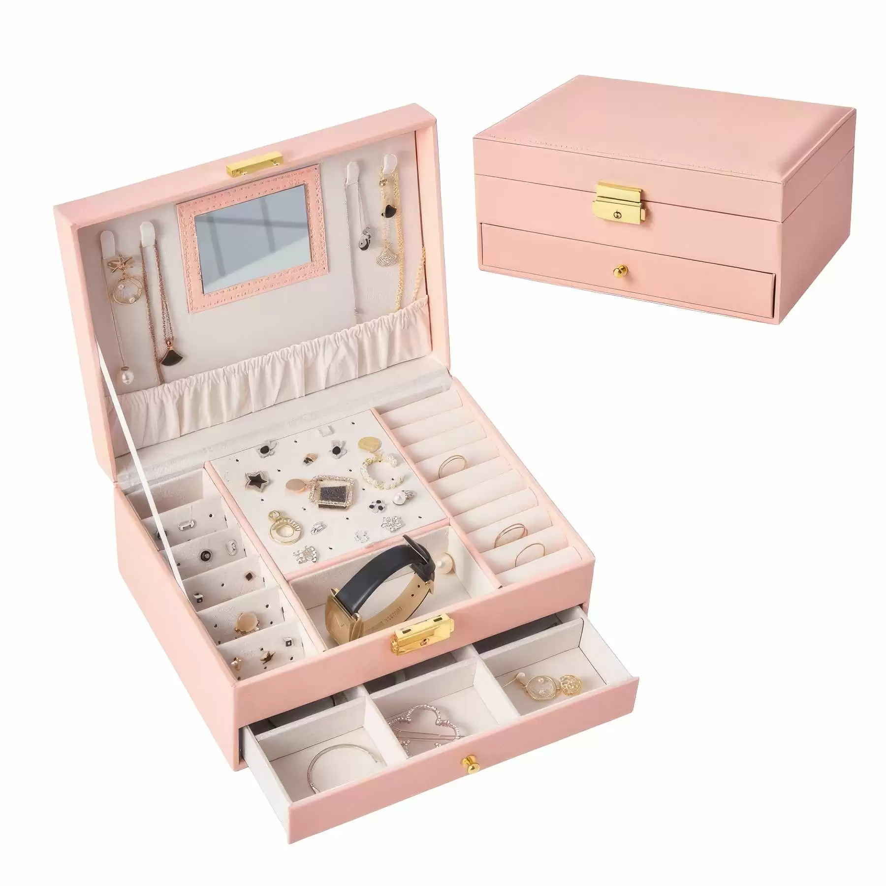 Custom 2-Layer PU Jewelry Organizer Box with Drawer & Mirror - Image 2