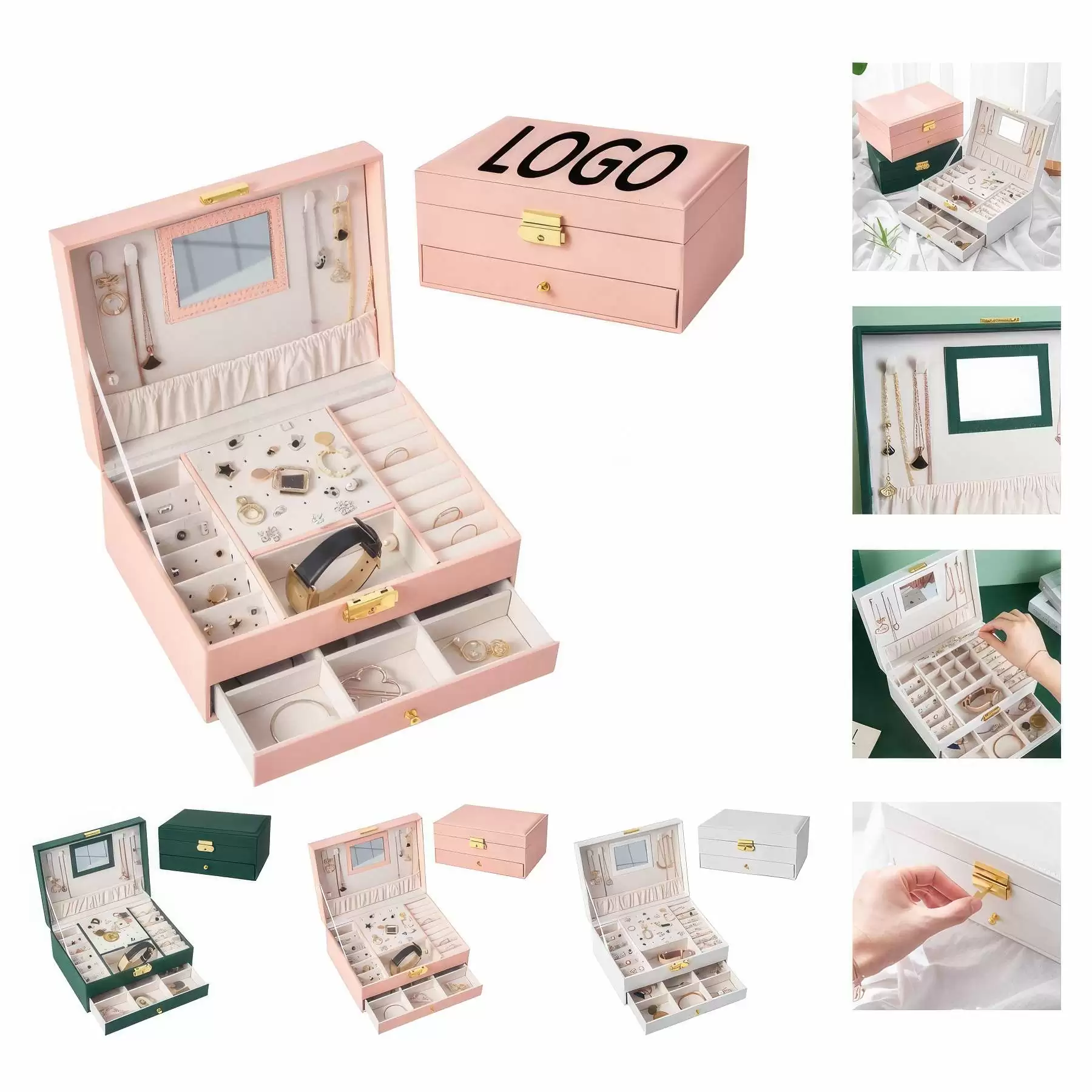 Custom 2-Layer PU Jewelry Organizer Box with Drawer & Mirror