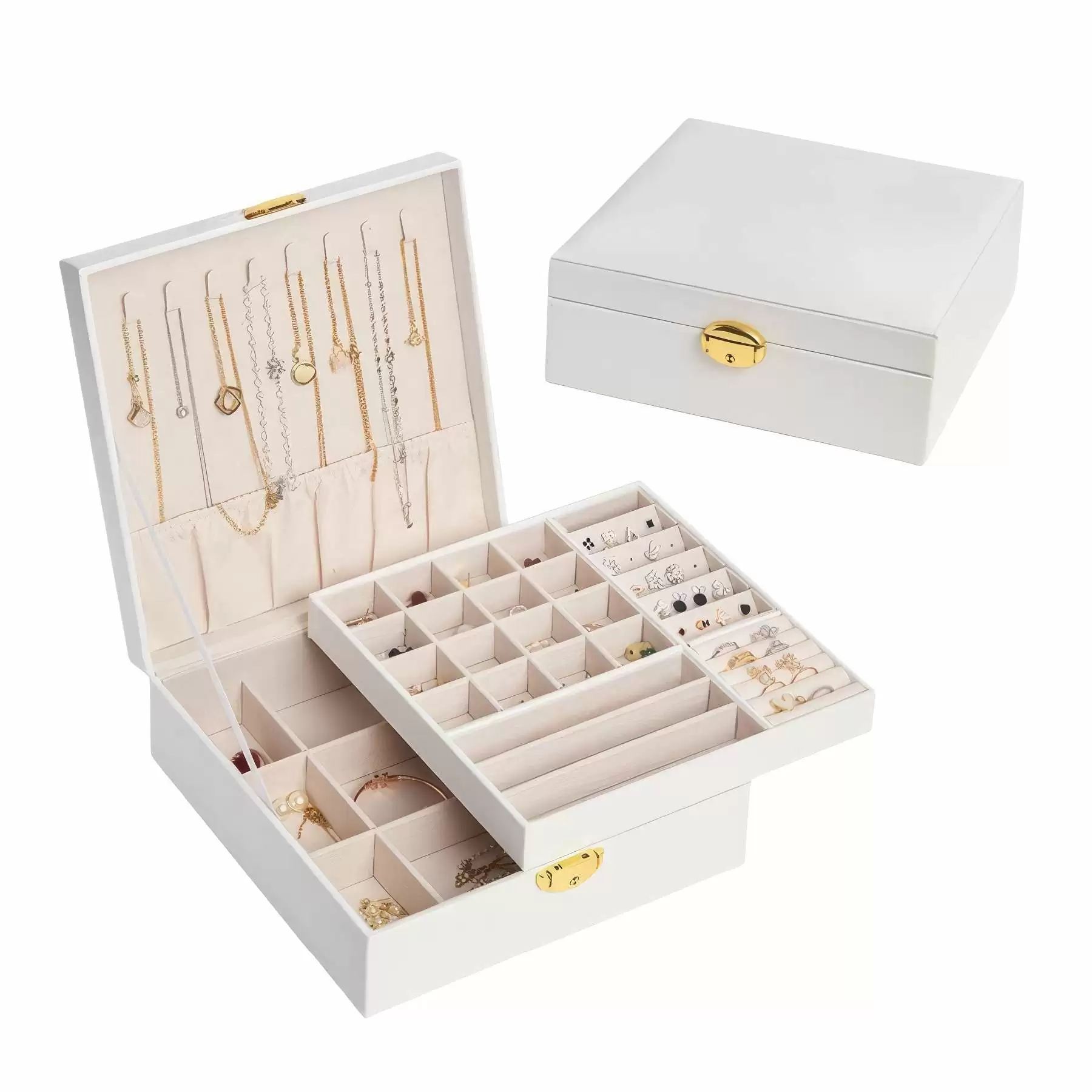 Custom PU Leather 2-Layer Jewelry Organizer Box with Lock - Image 2