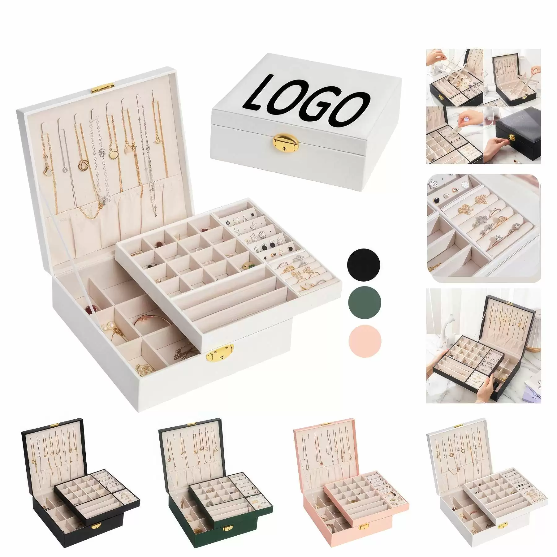 Custom PU Leather 2-Layer Jewelry Organizer Box with Lock