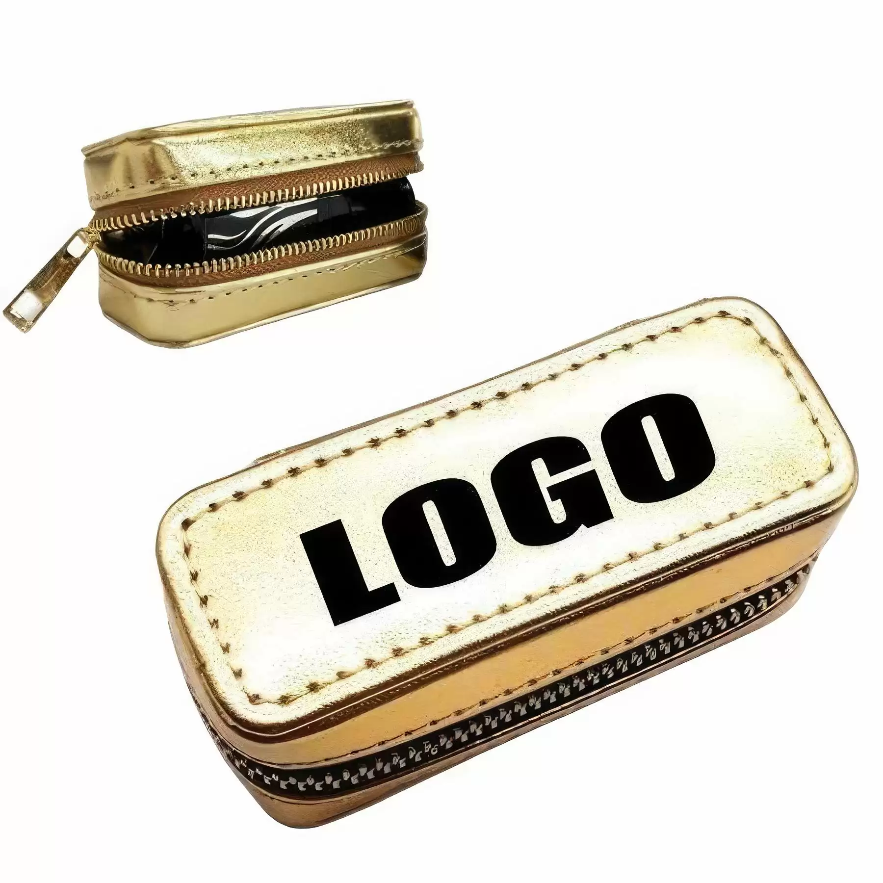 Zippered Gold PU Leather Lipstick Gift Case Pouch Bag