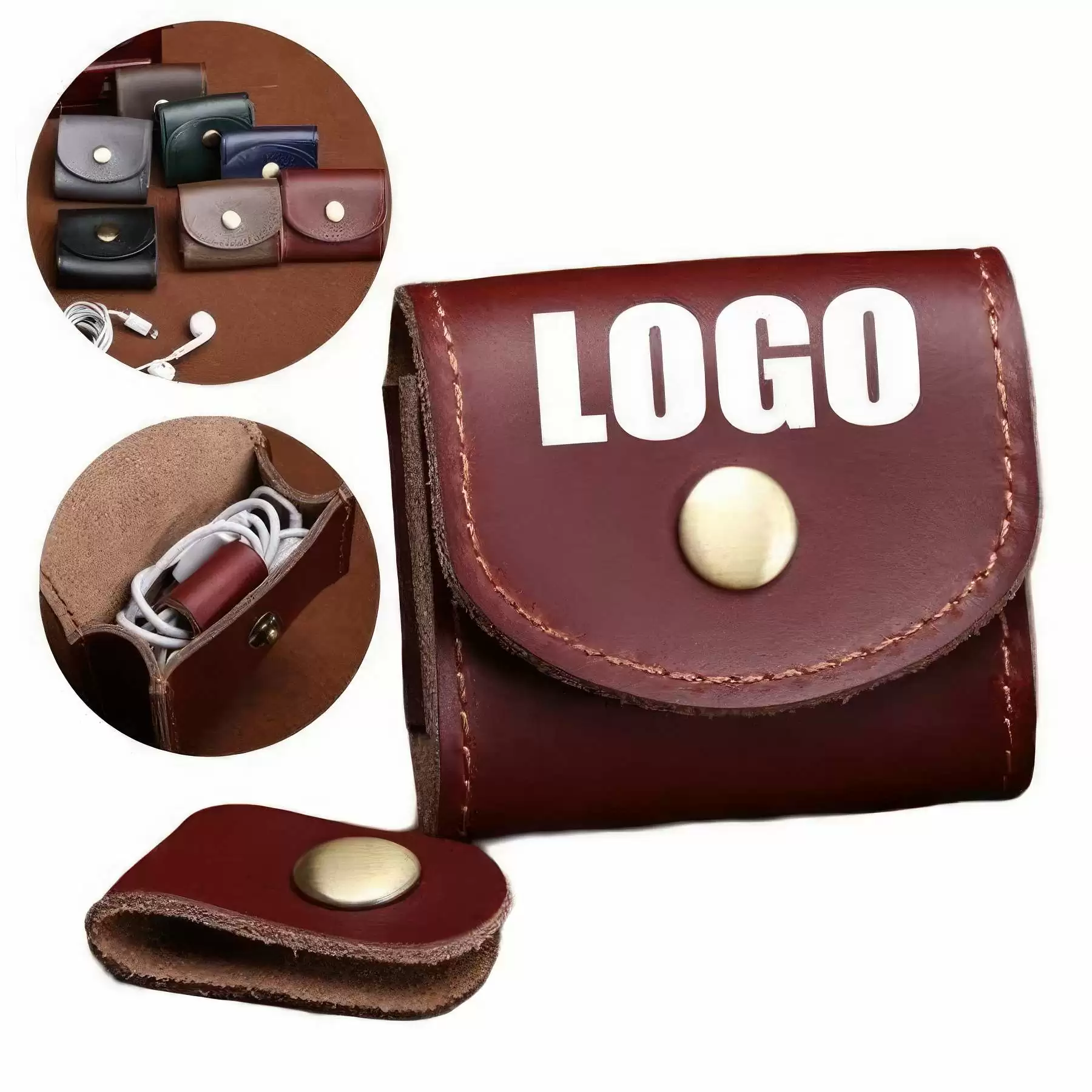 Genuine Leather Cable Earbud Travel Pouch & Key Coin Bag