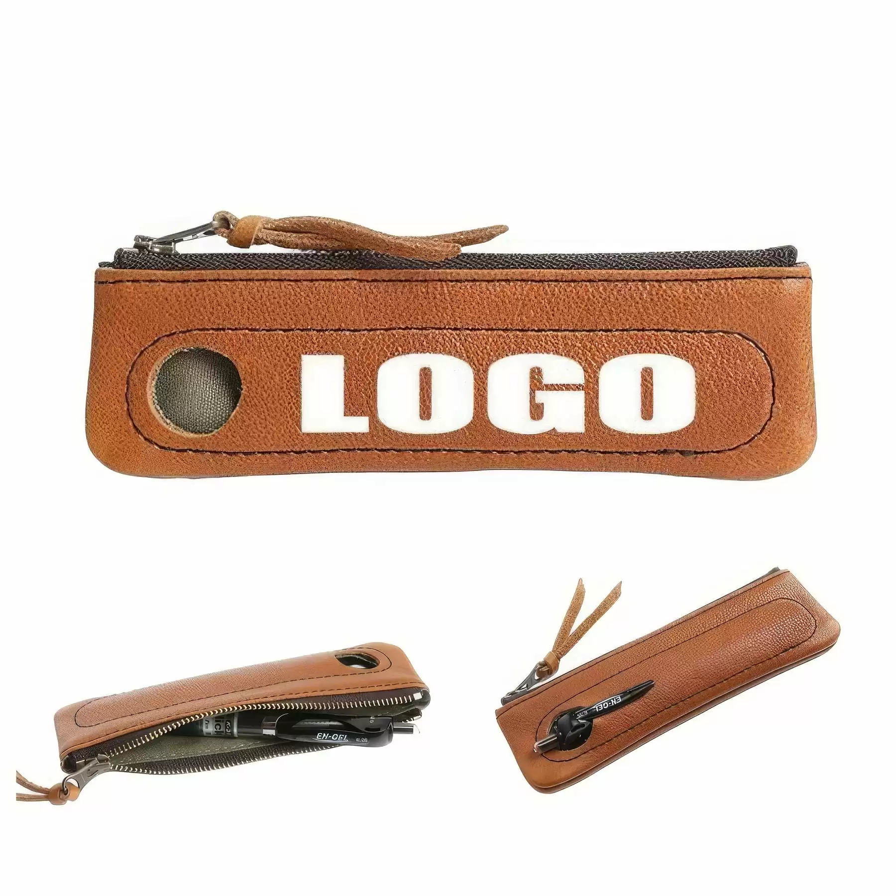 PU Leather Zippered School Student Pen Holder & Pencil Case