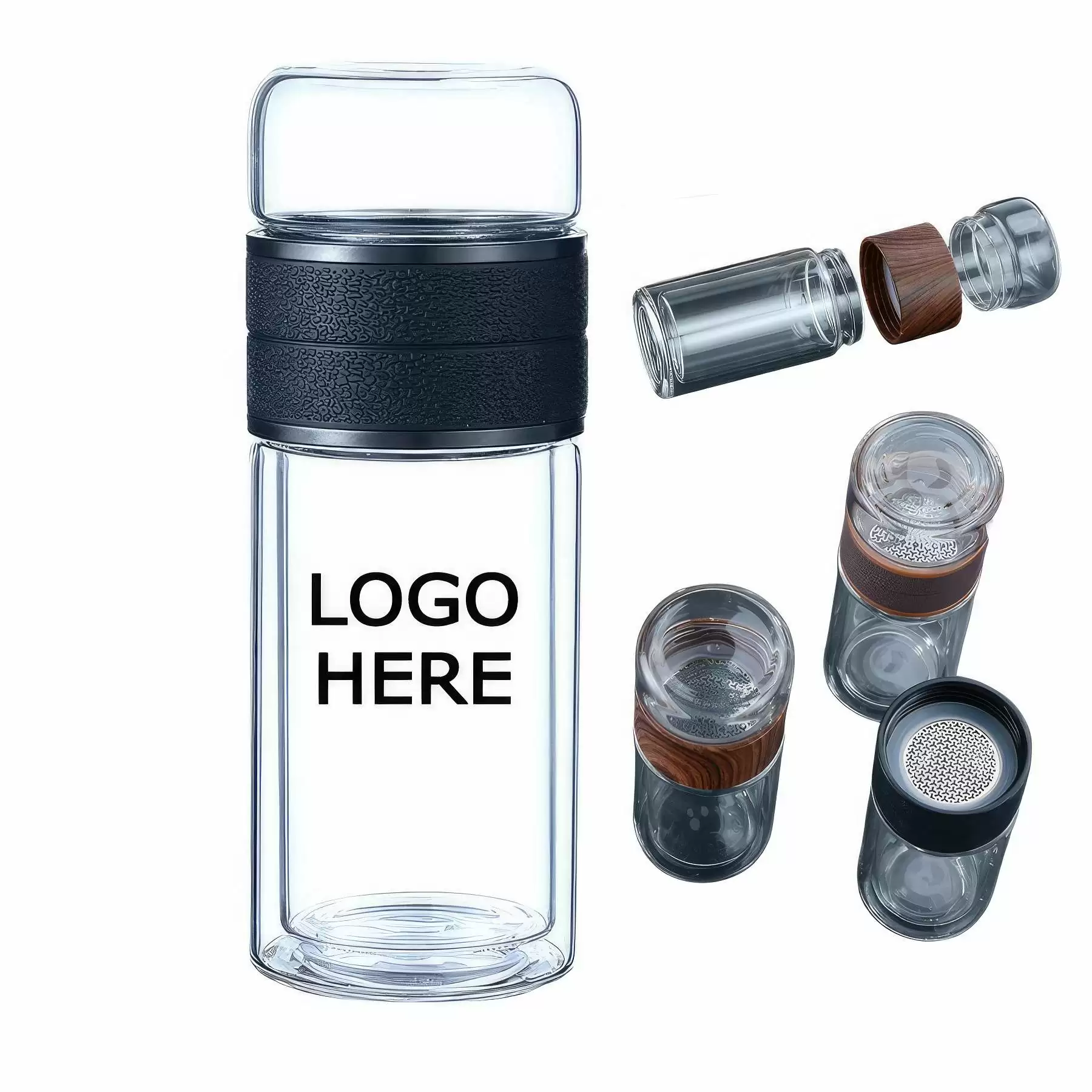 Custom Double Wall Glass Water Bottle With Tea Infuser