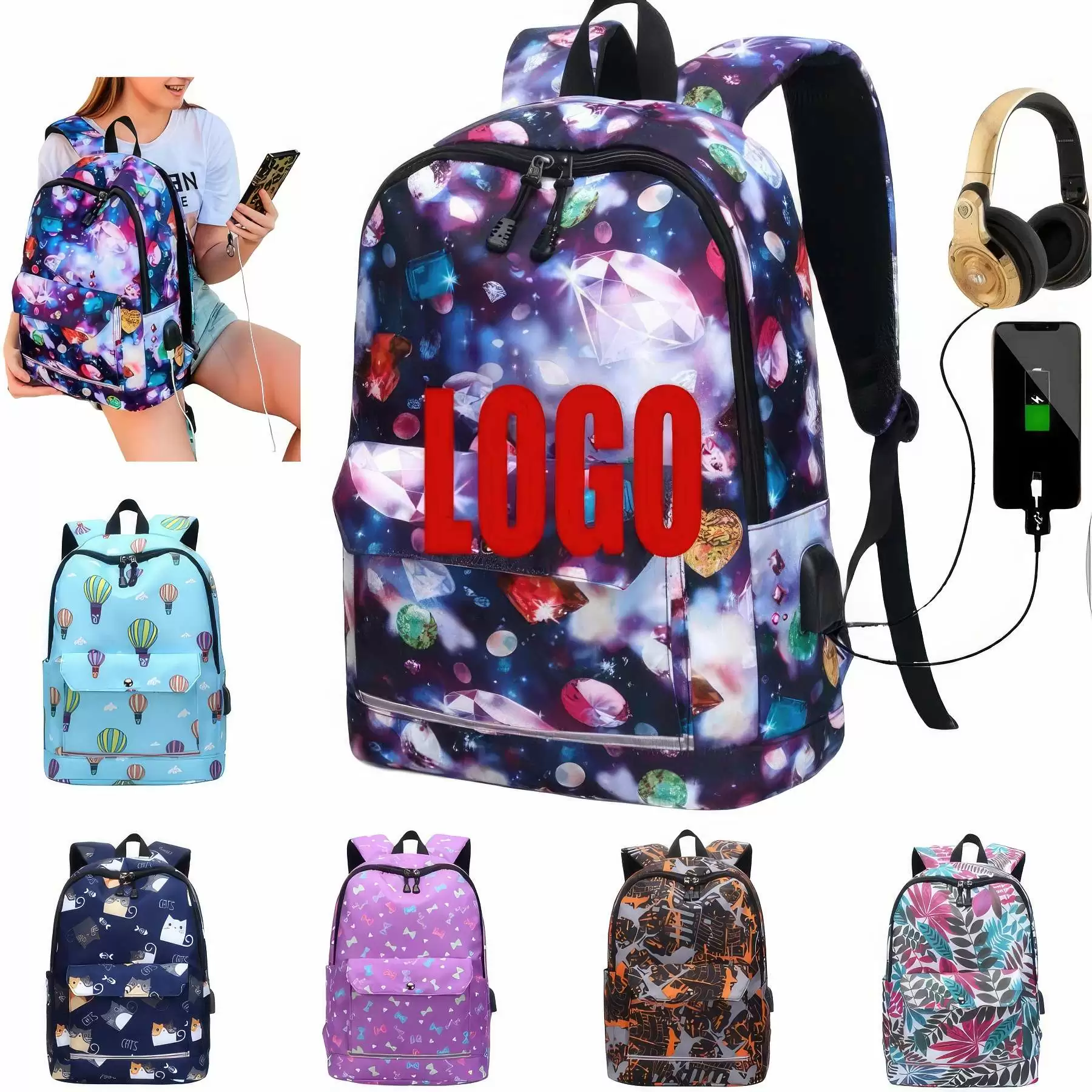 Customed Starry Backpacks  with USB Charging Port