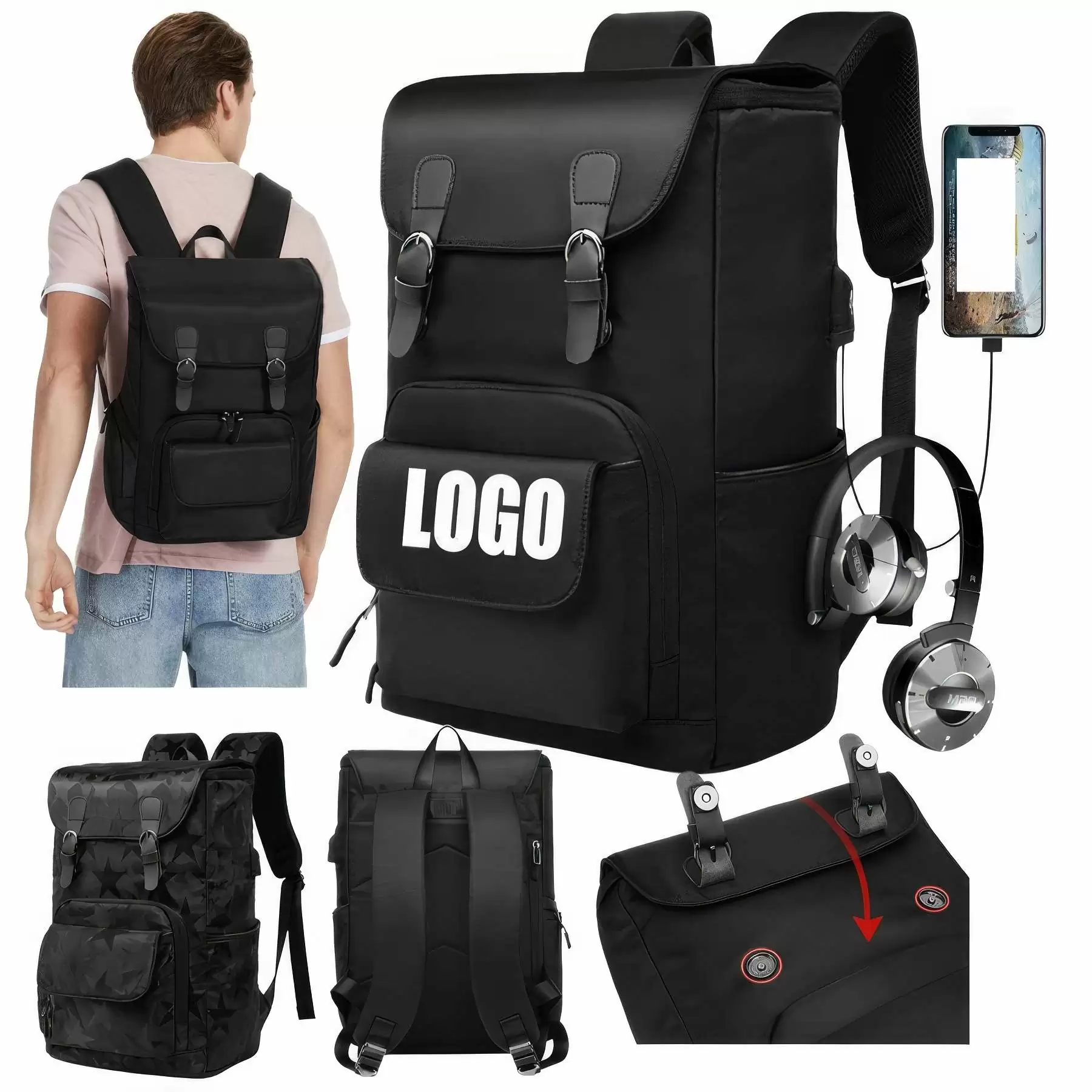Custom Men's Sports Waterproof Laptop Bags with USB Port