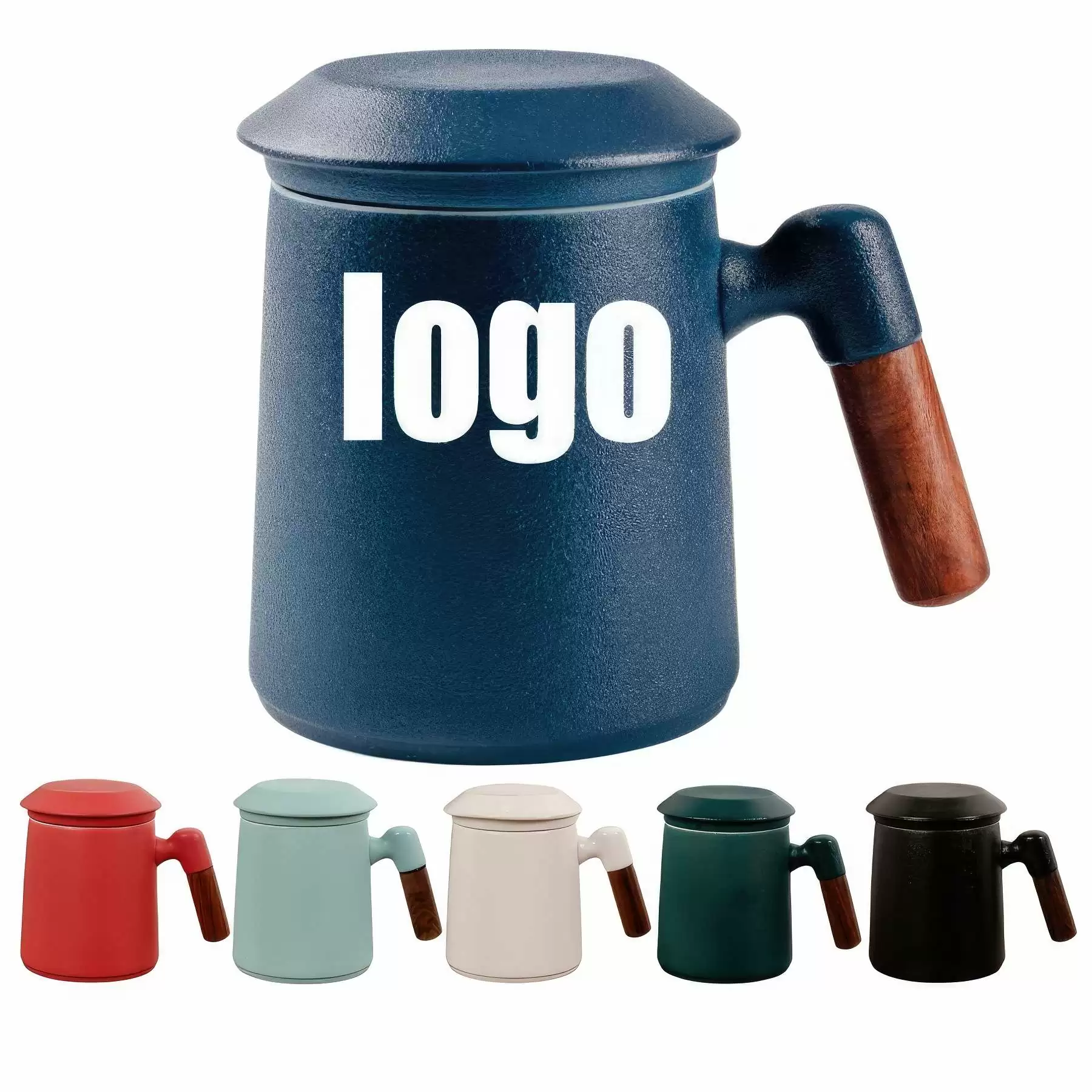 Black Pottery Wooden Handle Ceramic Mug with Lid