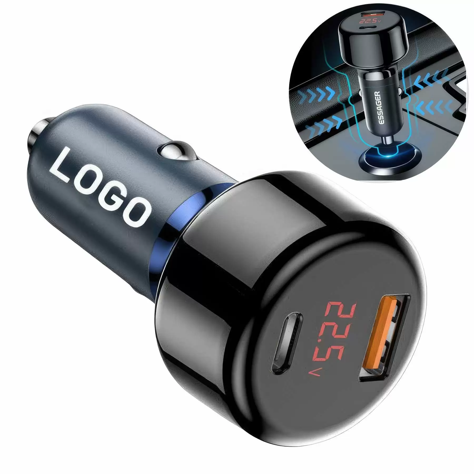 65W Car Charger Dual Port Type C and 2.4a USB A