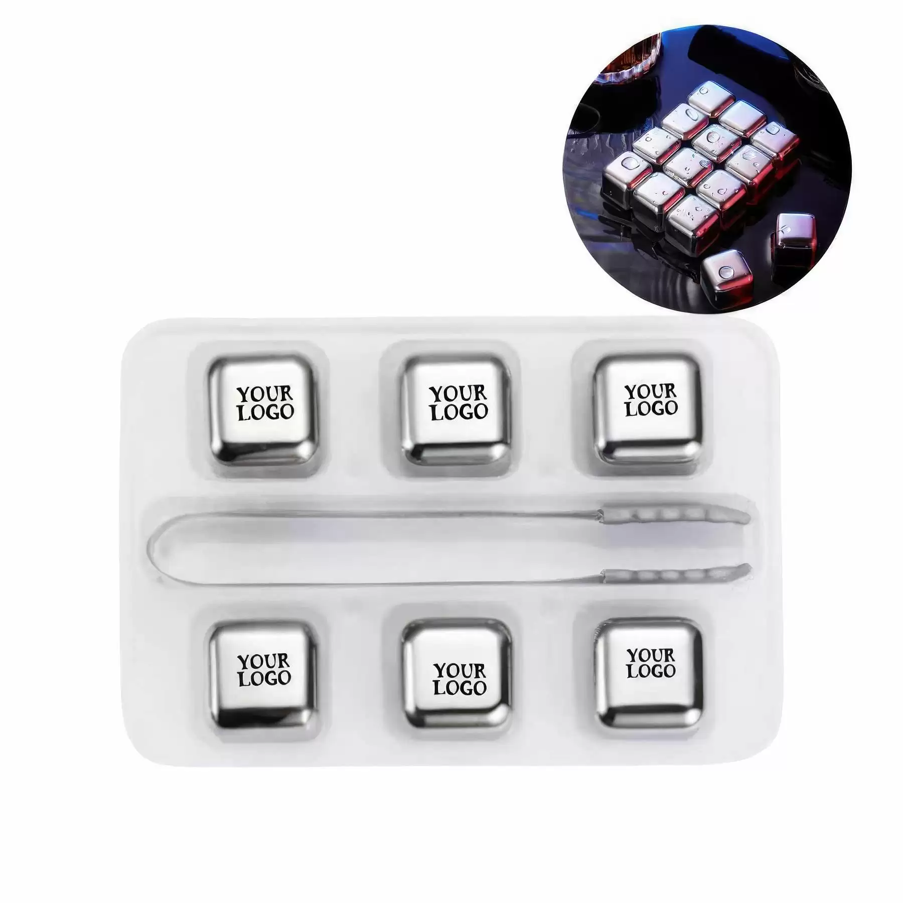 6 Pack Stainless Steel Ice Cubes With Tongs