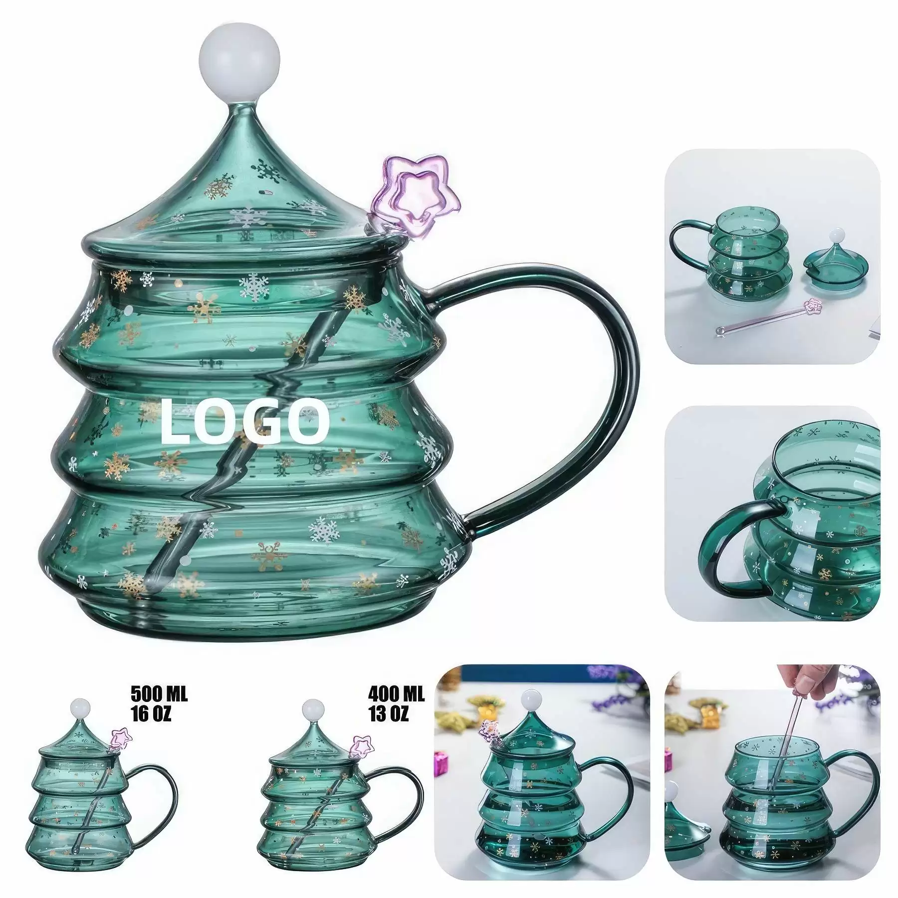 13/16 OZ. Glass Christmas Tree Tea Coffee Mug & Gift Cup 13 oz