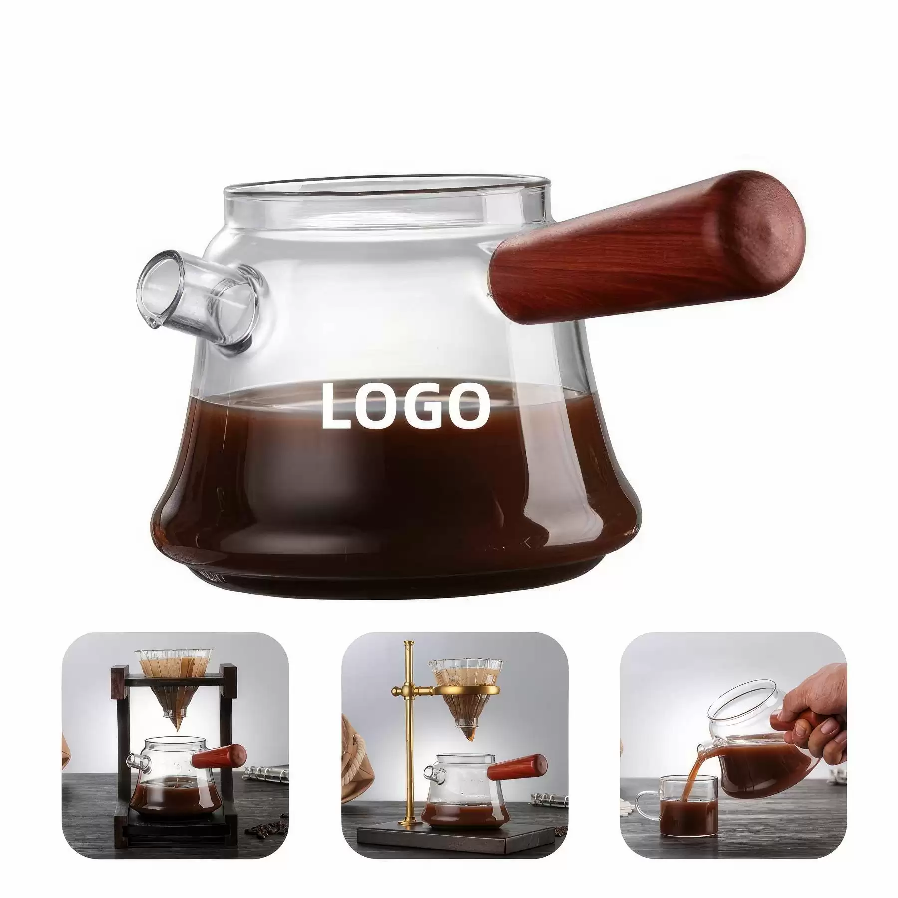 16.9 OZ. Glass Hand Drip Coffee Sharing Pot with Wood Handle