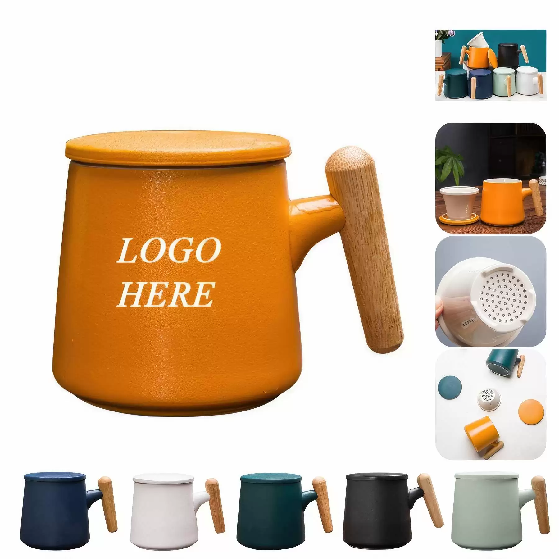 Custom 13.5oz bamboo handle ceramic mug with strainer