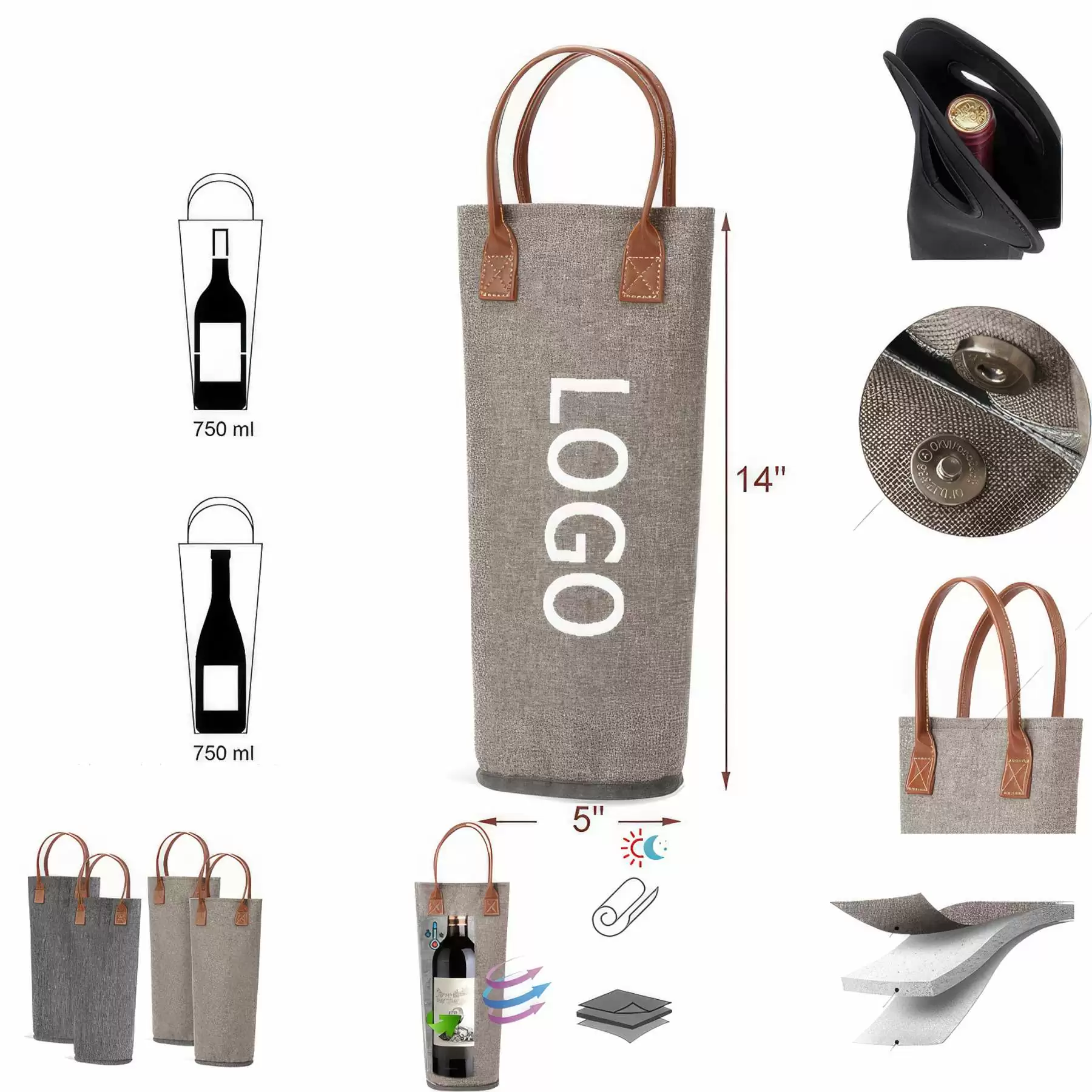 Single Bottle Insulated Wine Tote Bag