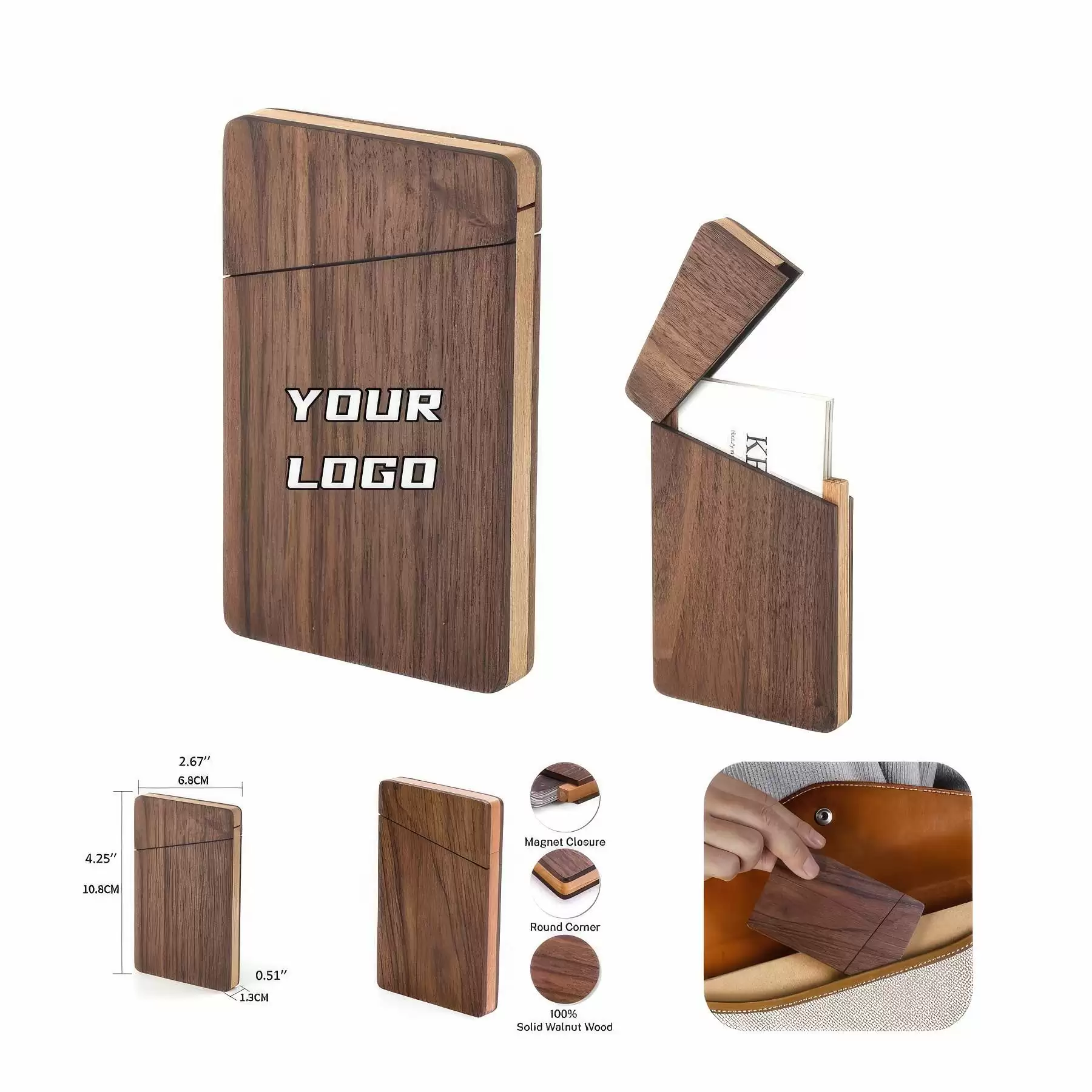 Portable Walnut Wooden Business Card Holders & Cases