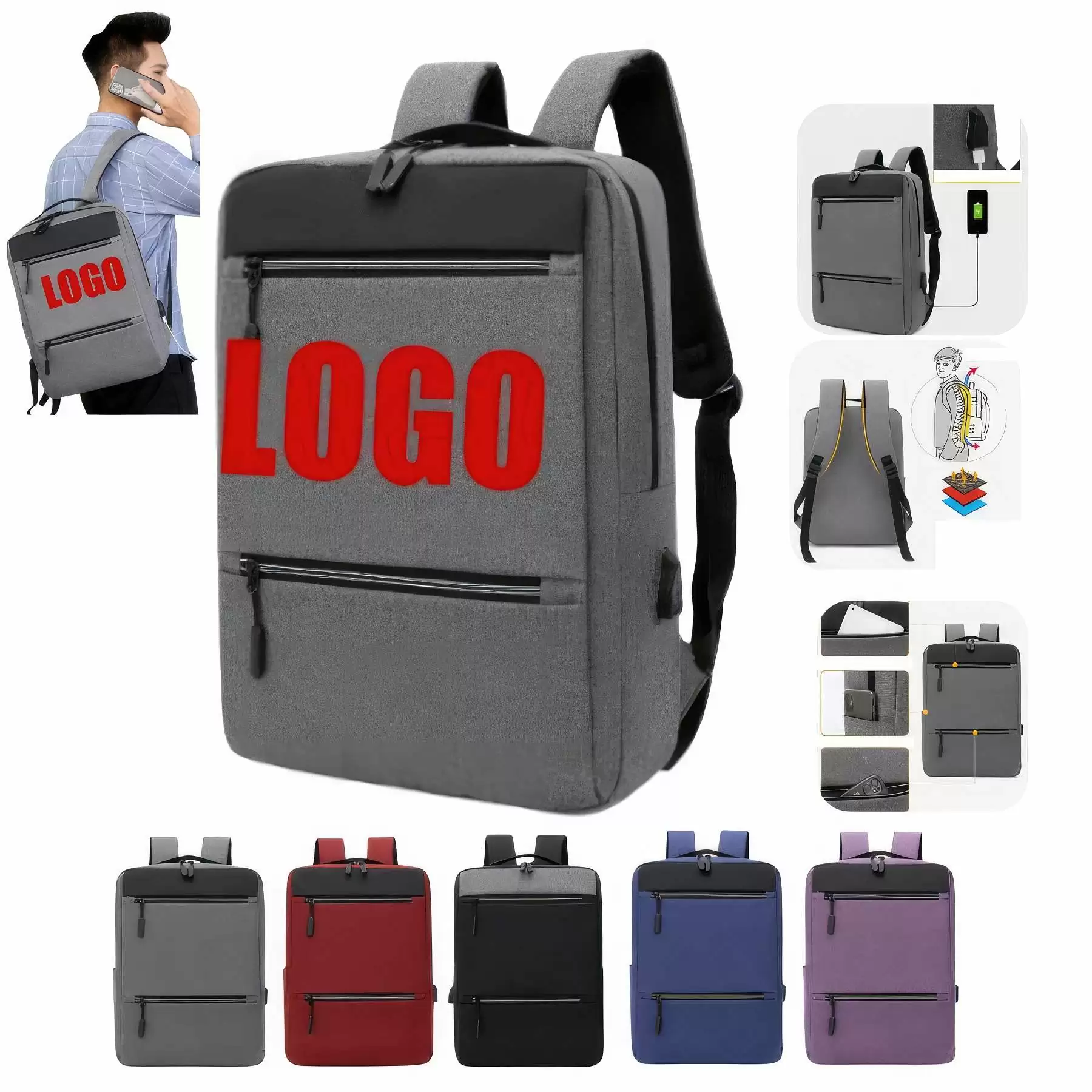 Customized Large Capacity Men's Backpacks with USB Interface