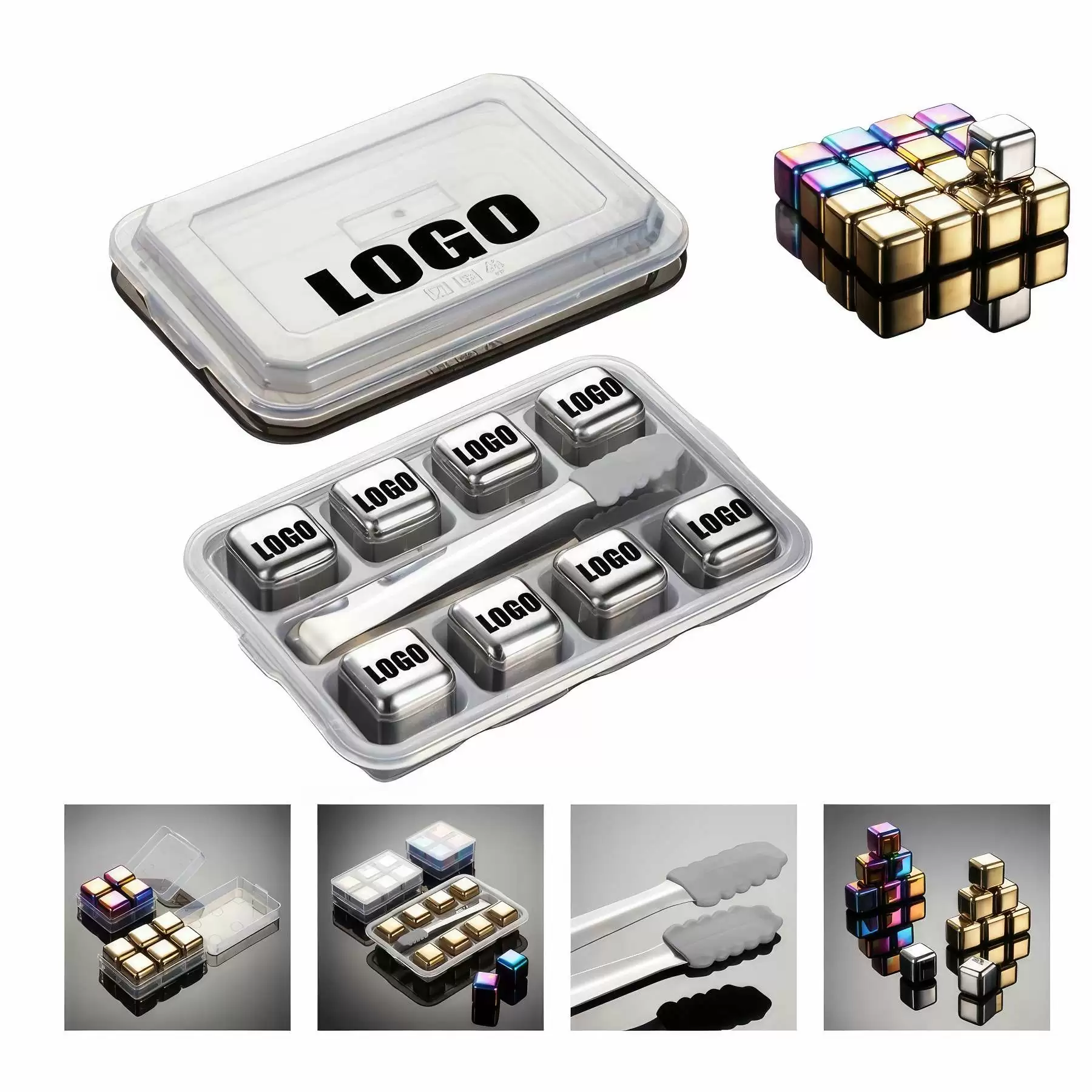Custom 304 Stainless Steel Ice Cube 8-Pcs with Tong Set: Iridescence
