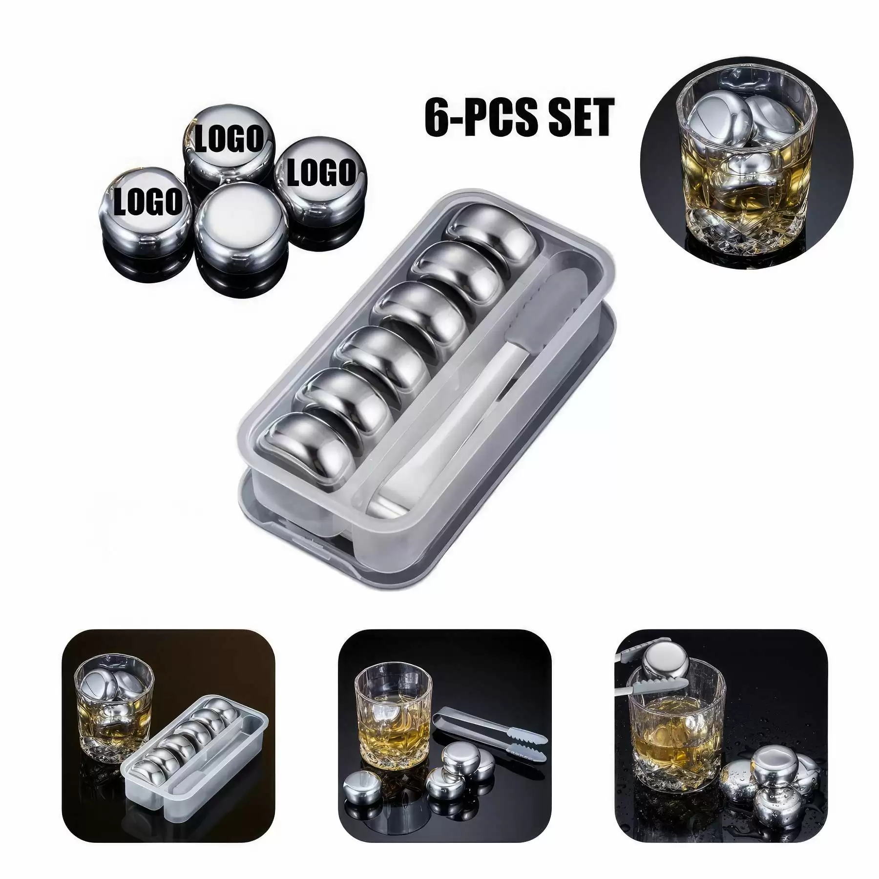 Custom 304 Stainless Steel Ice Cube 6-Pcs with Tong Set