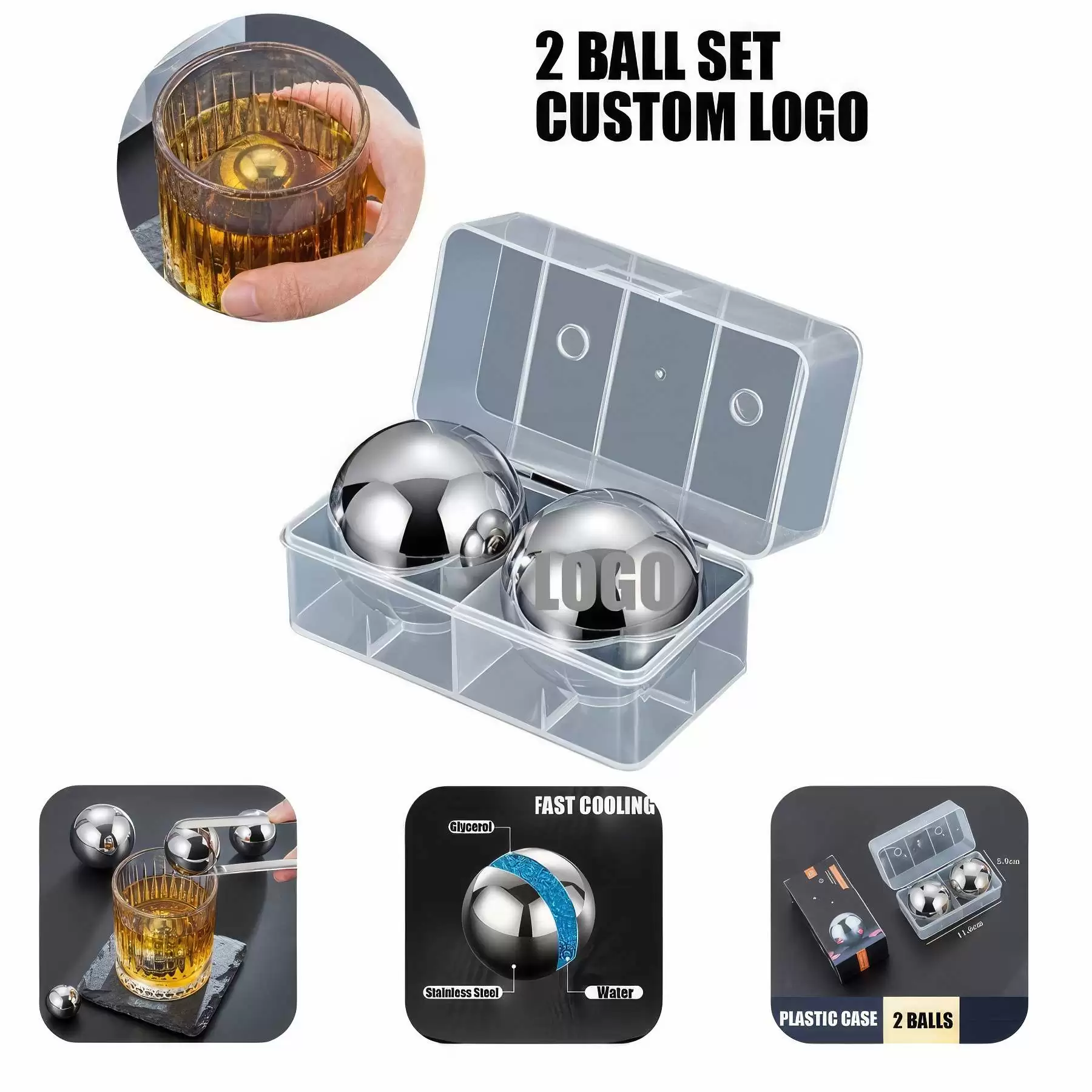 Custom Large 304 Stainless Steel Ice Ball 2-Pcs Set