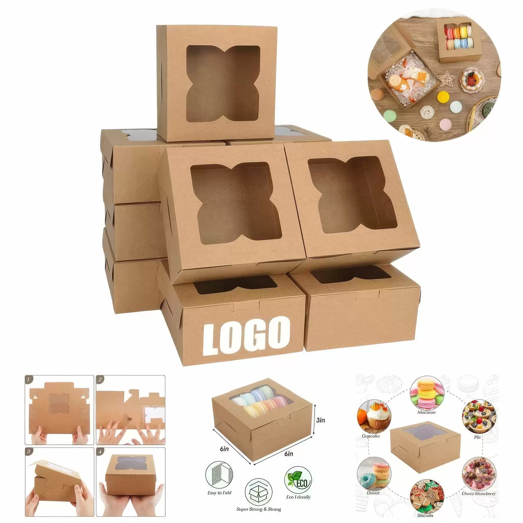 Custom TO-GO Cake Pastry Donut Packaging Box with Window